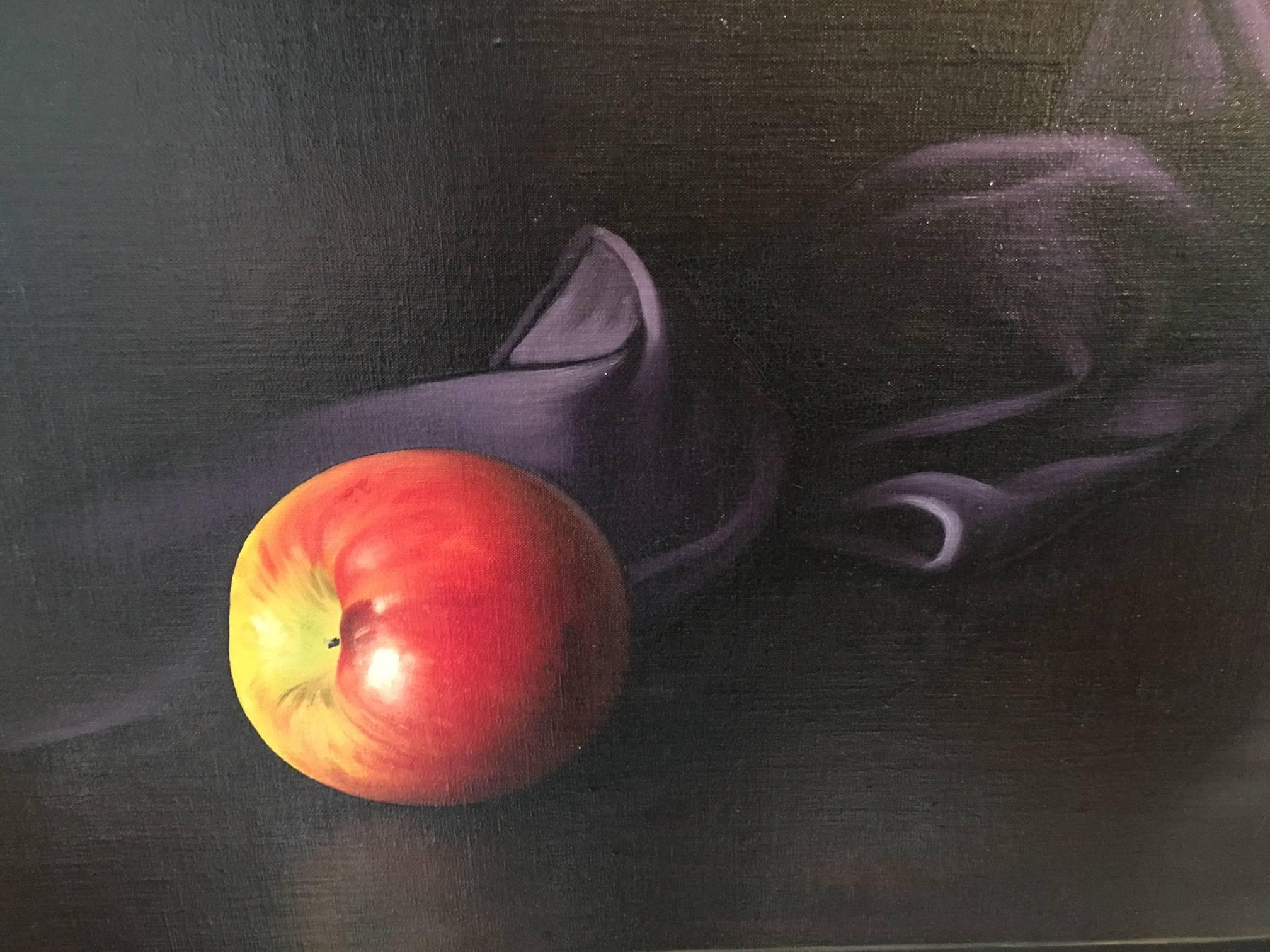 Large 20th Century Oil on Canvas, Still Life of Apples and a Pottery Wine Jug For Sale 1