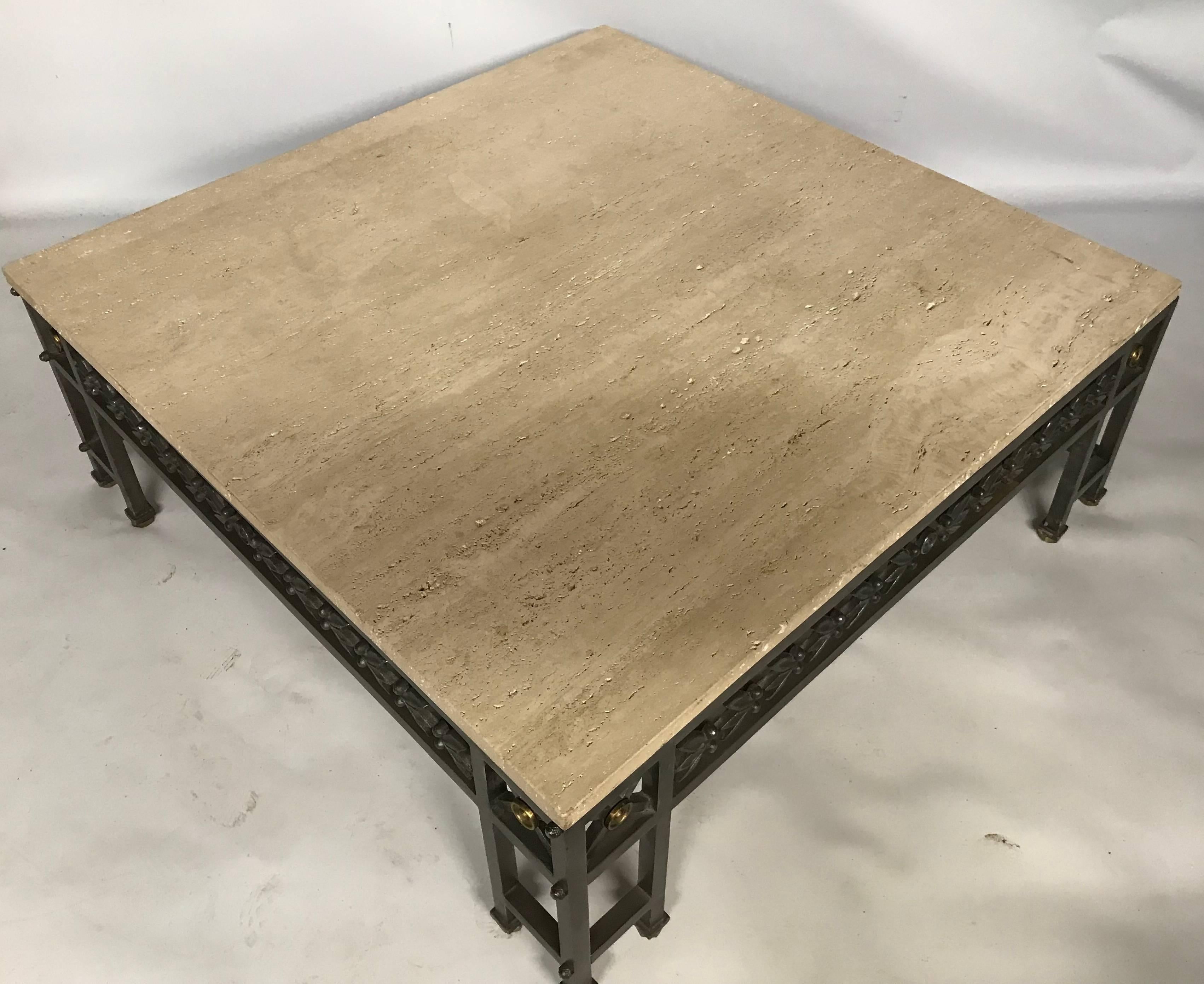 A LARGE CONTEMPORARY STONE, STEEL AND BRASS EMPIRE DESIGN COFFEE Table. 

