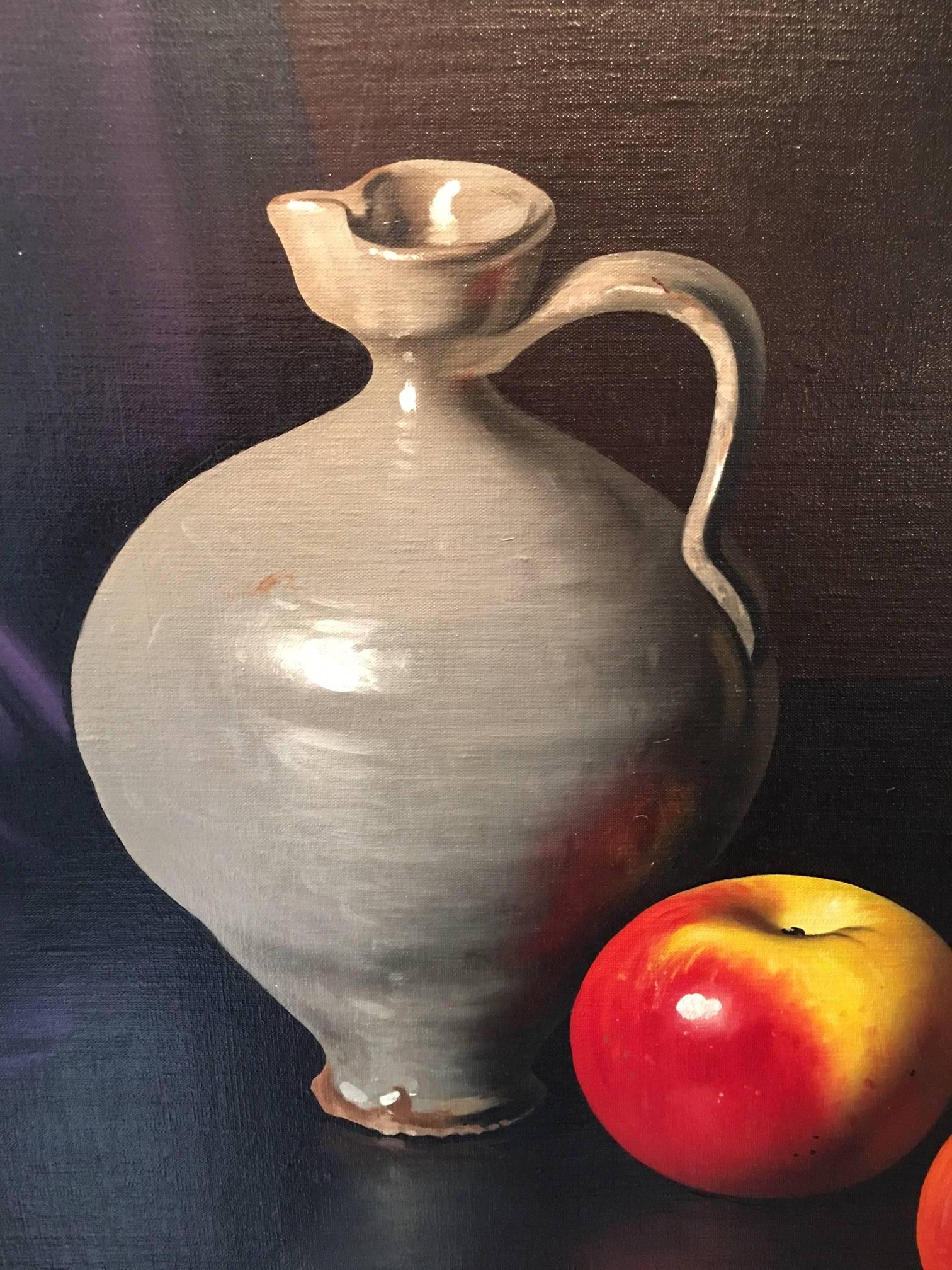 Large 20th Century Oil on Canvas, Still Life of Apples and a Pottery Wine Jug For Sale 2