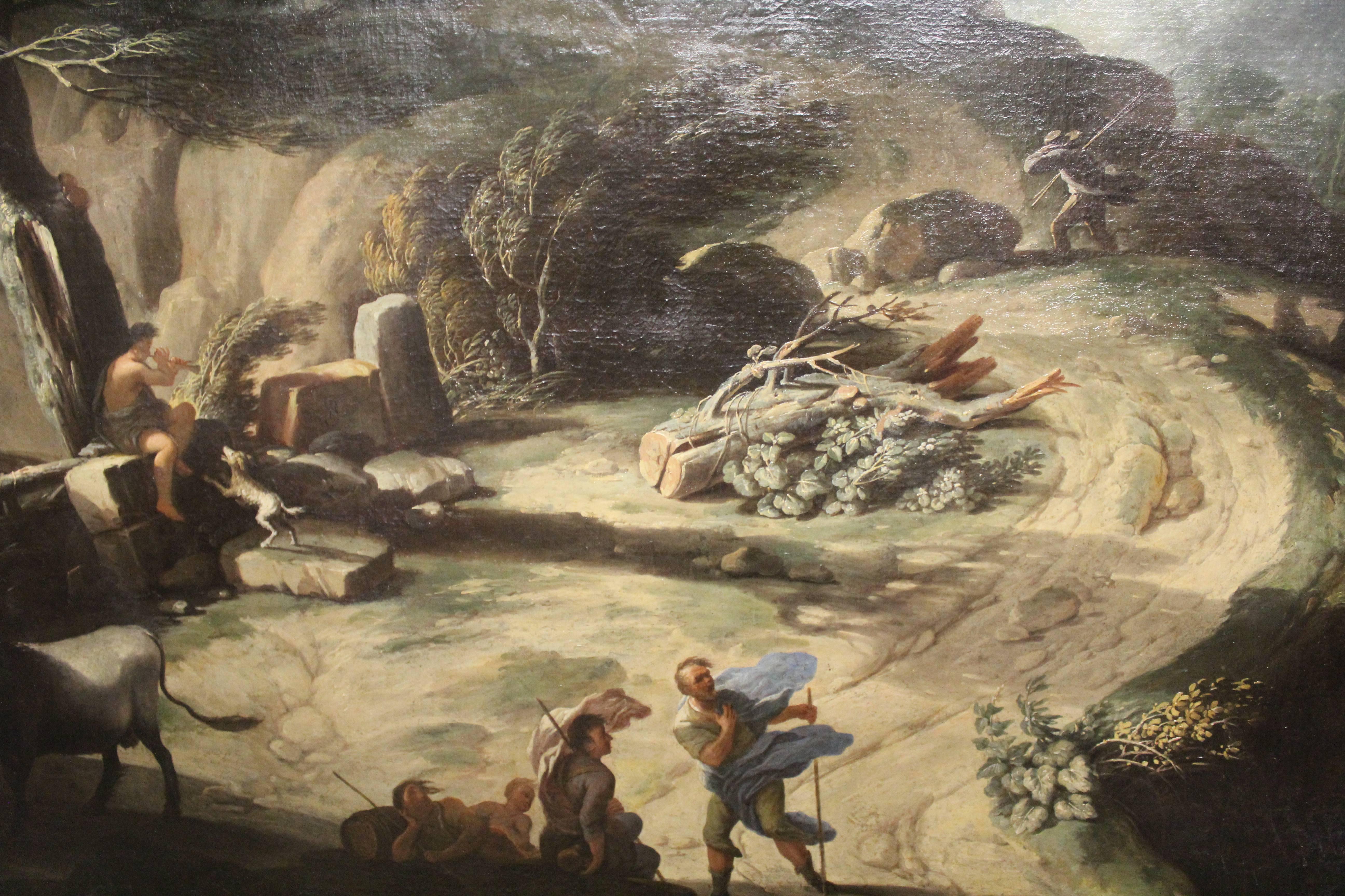 Circle of Salvator Rosa, 1615-1673, A massive oil on canvas. Wind swept mountainous landscape, figures and animals in the foreground, signed with monogram 'SR' lower left, ebonised and gilt framed. (226cm x 172cm) (248cm x 194cm including