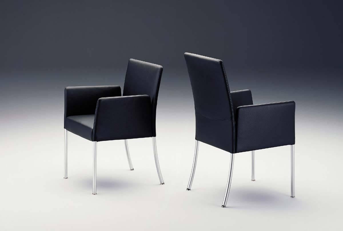 Walter Knoll 'Jason' set of ten dining chairs.
RRP £9500 current model.
Designed by EOOS.
Very good condition.
Black leather on chromed metal supports.
Measures: W 60cm.