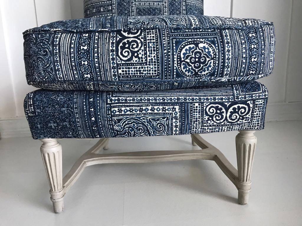 Perfect dimensions for the ideal slipper chair, with lovely white patina legs. Vintage chair newly reupholstered with a beautiful blue Ralph Lauren paisley fabric. Solid frame, very comfortable chair.