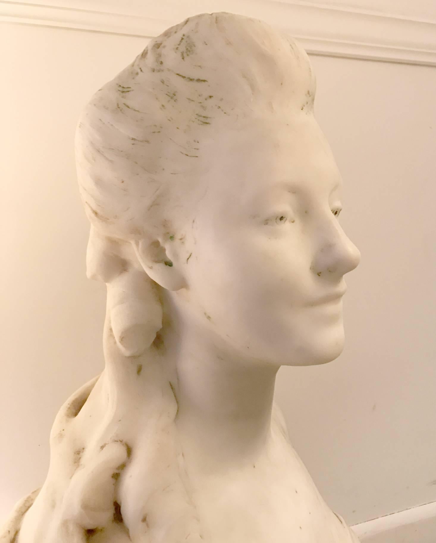 Stunning woman, depicted in this circa 1900 bust by Mercie, ready to adorn any room or garden.