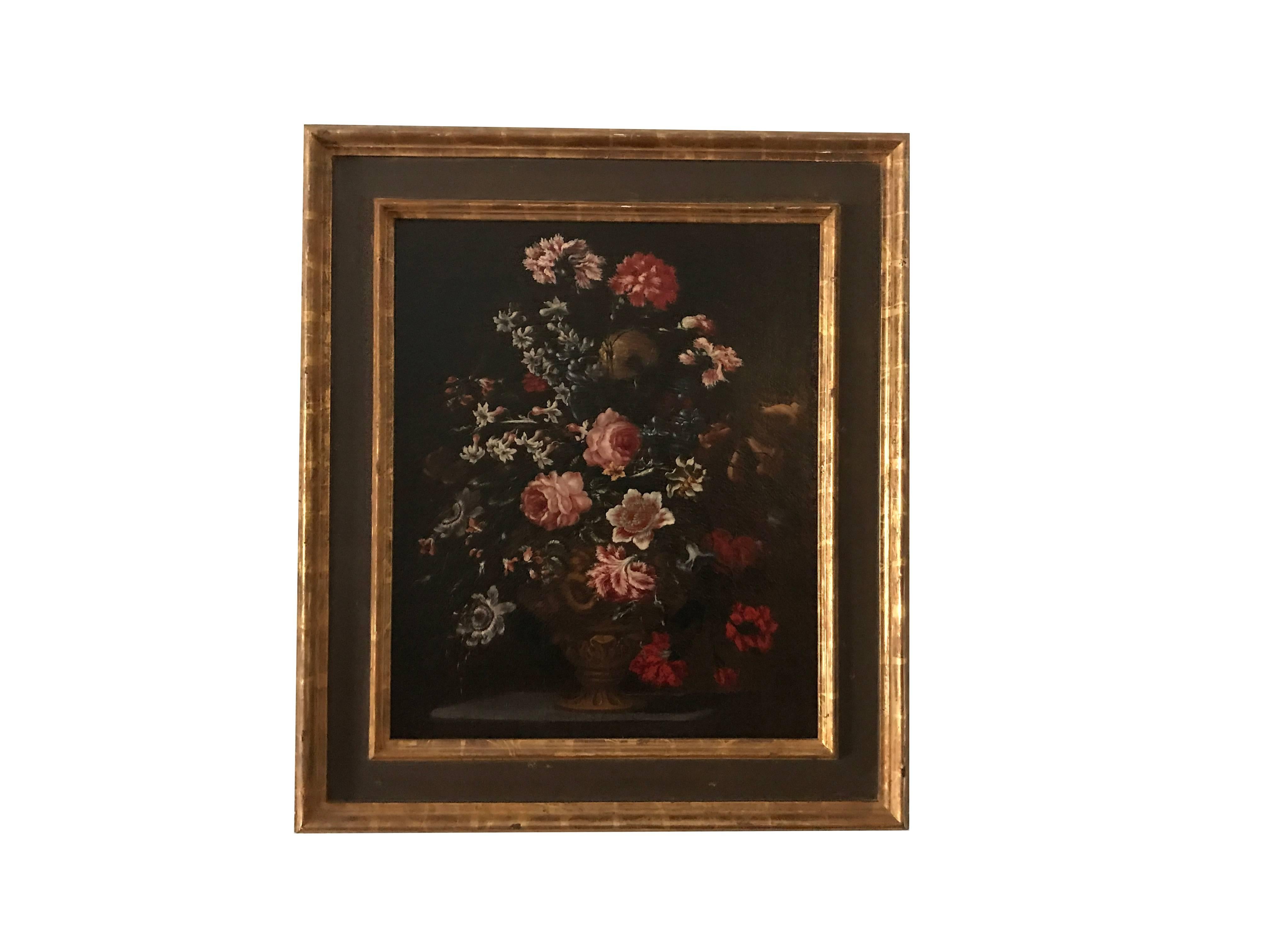 Bartolomeo Bimbi and workshop (1648-1723) bouquet of Carnations, “Multi-Petal” Roses, Hyacinths, “Coronary” Anemones, Scarlet Catryophyllaceae and Convolvulaceaous plants in an embossed metal vase”. Oil on canvas

Size: Framed 38 ½” high x 33 ½”