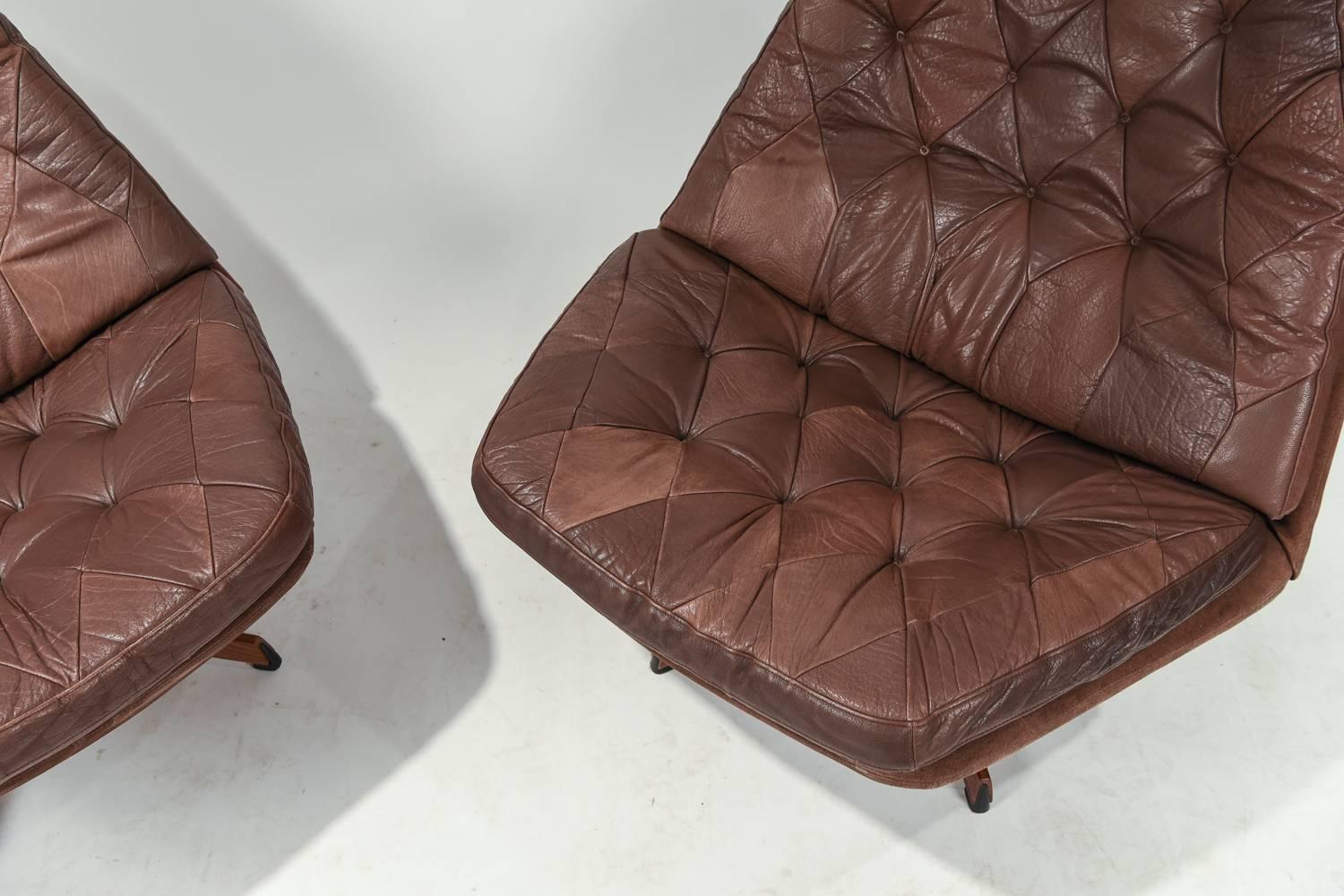 Danish Pair of Madsen and Schubel Model Ms68 Leather Swivel High Back Lounge Chairs