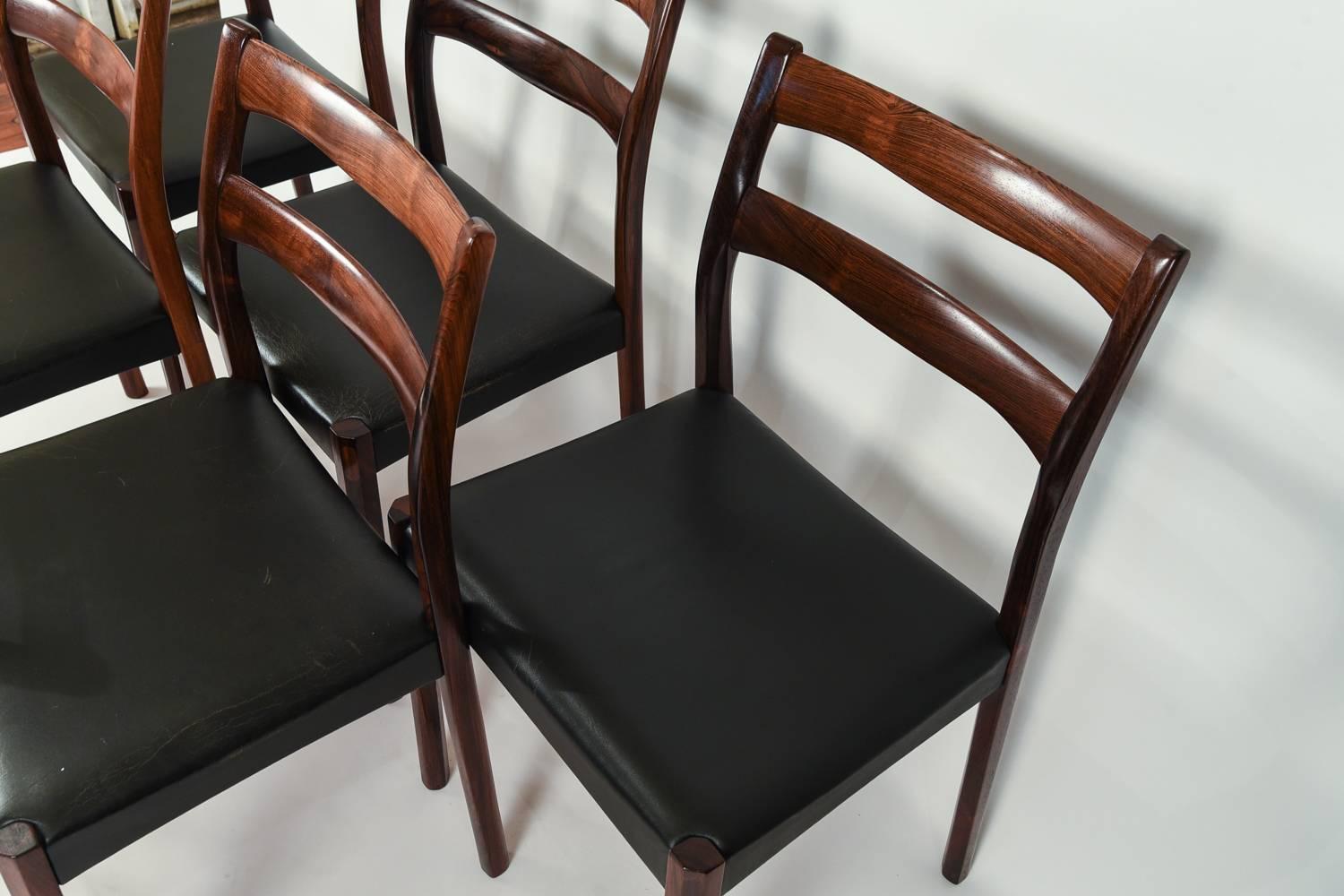 Danish Set of Six Ole Wanscher Style Rosewood and Black Leather Side Chairs