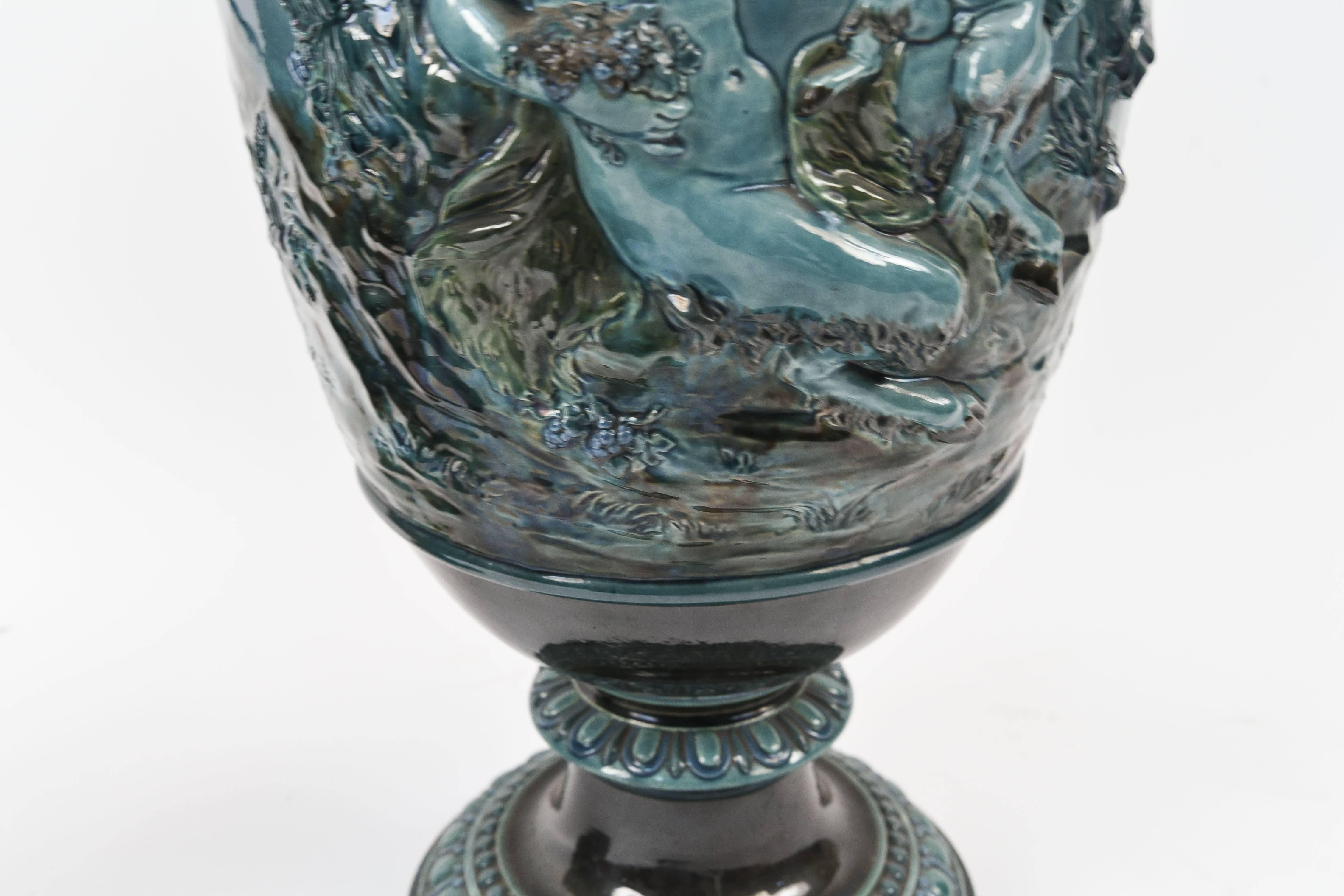 19th Century Pair of Monumental Blue French Majolica Decorative Urns For Sale