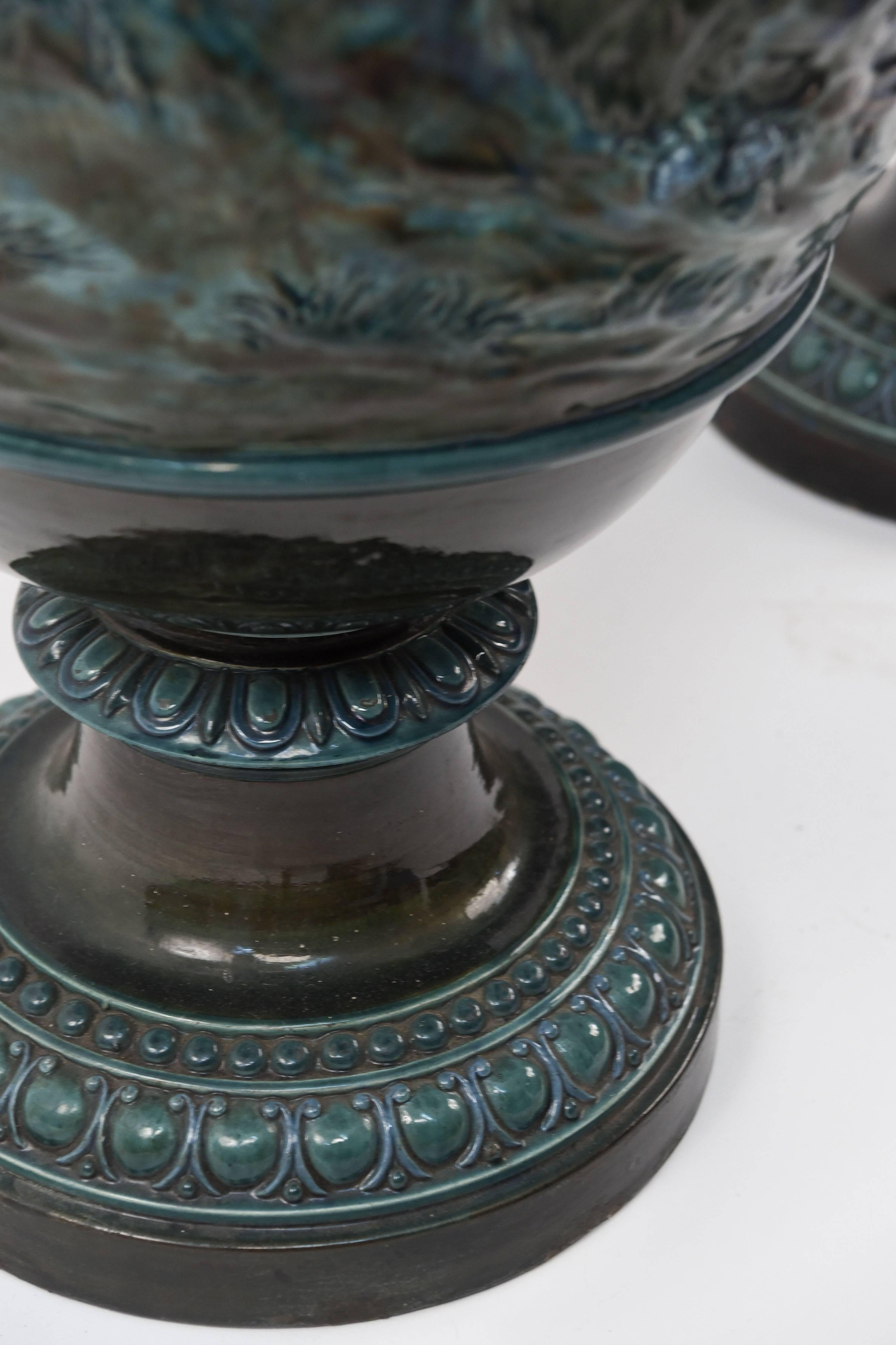 Pair of Monumental Blue French Majolica Decorative Urns For Sale 3