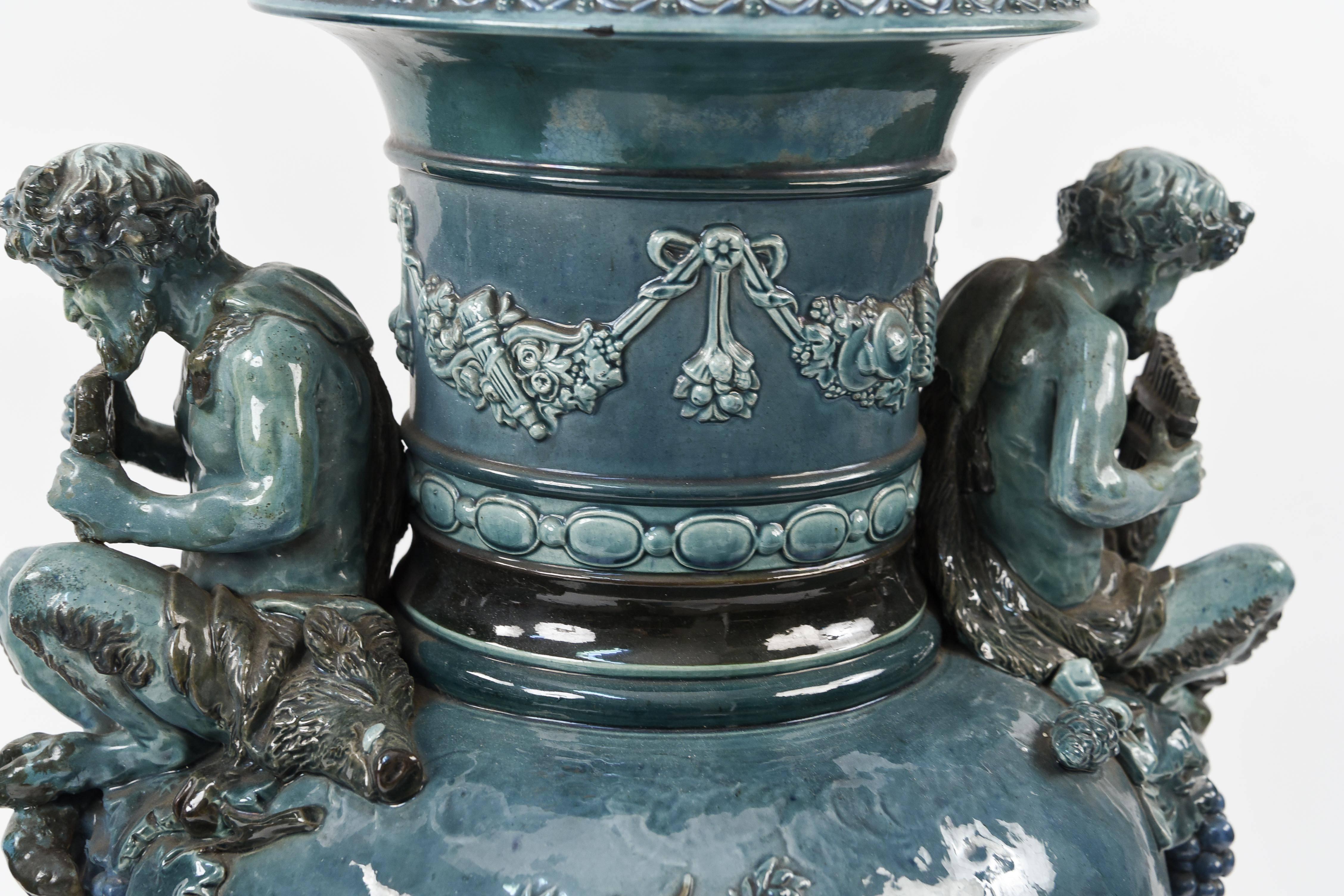 Baroque Pair of Monumental Blue French Majolica Decorative Urns For Sale