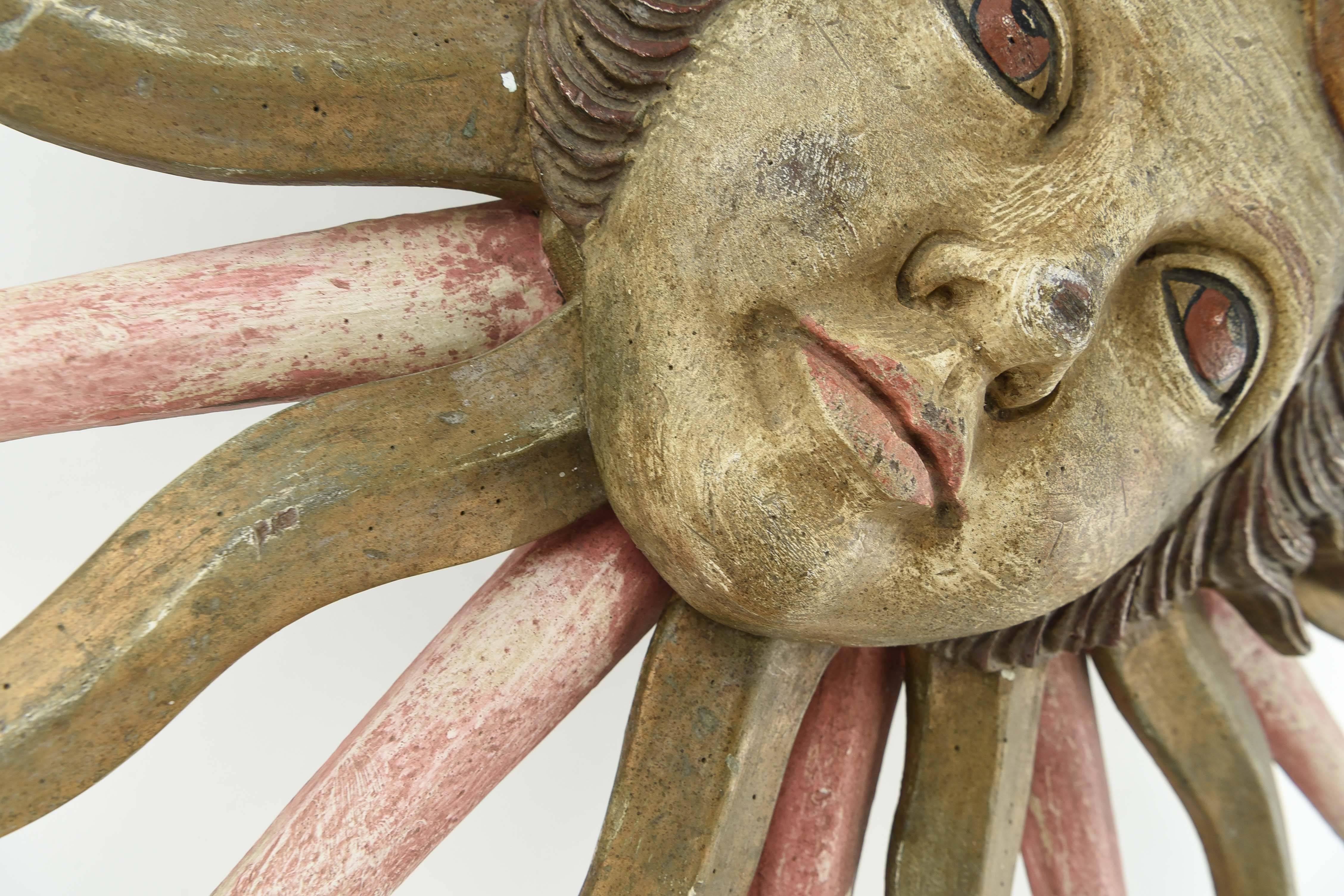 20th Century Carved Wood & Painted Sun Sculpture