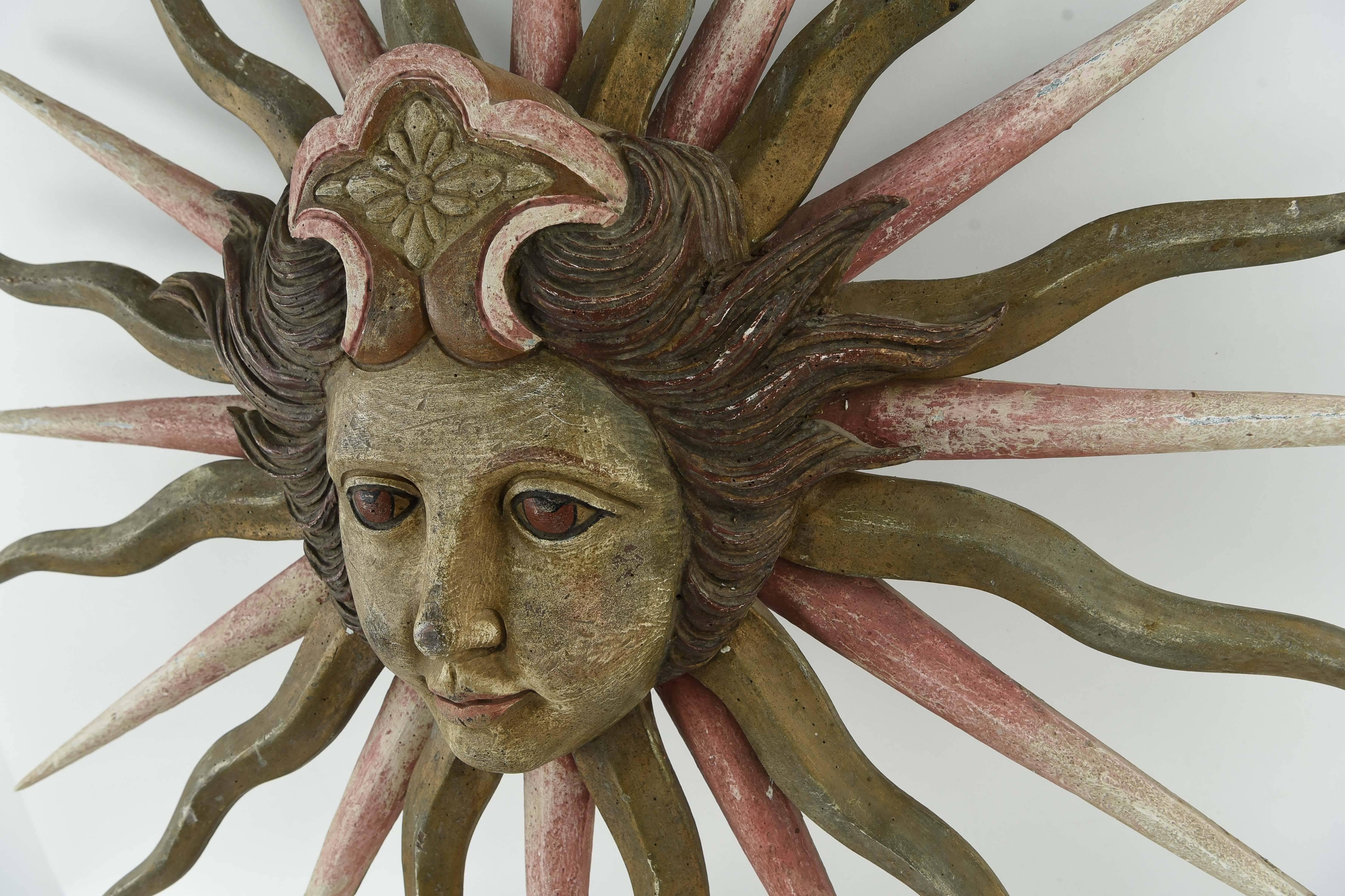 American Carved Wood & Painted Sun Sculpture