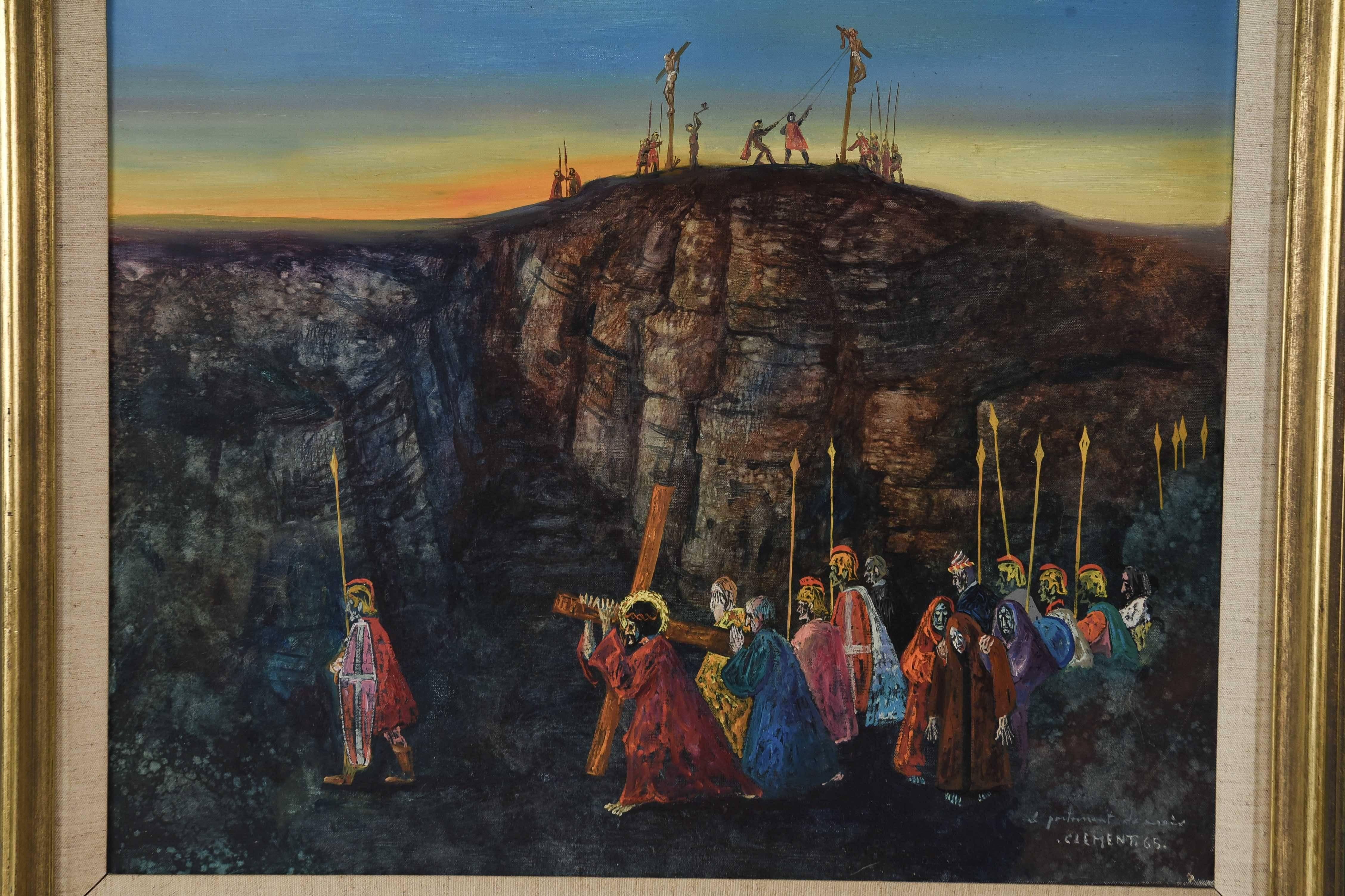 Scène surréaliste de l'artiste français classé Jean Pierre Clément représentant les moments précédant la crucifixion d'un personnage saint, probablement Jésus-Christ, comme en témoignent la couronne et l'auréole lumineuse derrière lui. Au loin, deux