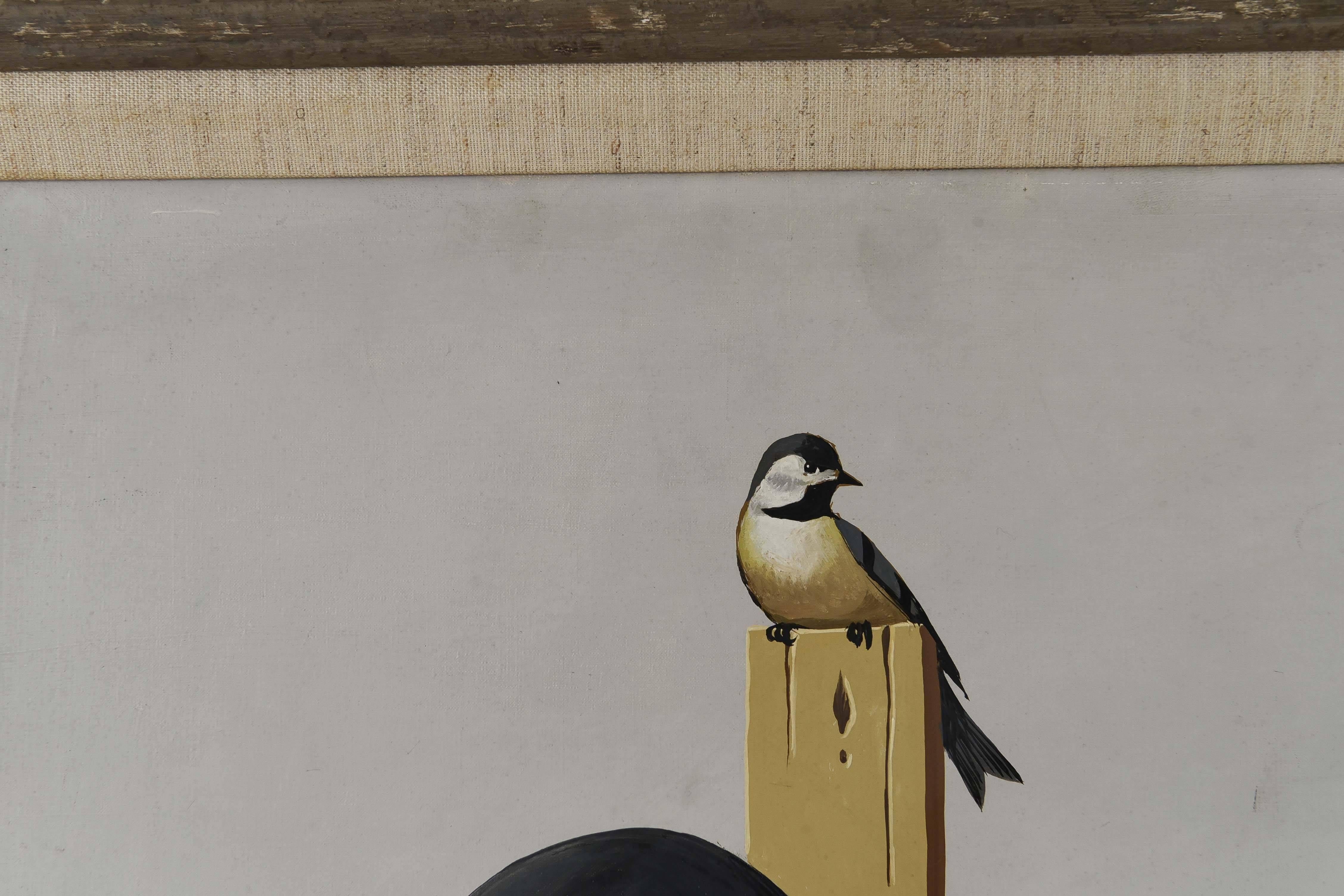 A surrealist painting by listed French artist Jean Pierre Clement depicting a young male figure with a white, frilly neckpiece glancing to the right. Behind him sits a chickadee on a post, and beyond a field of farmland stretches to a distant