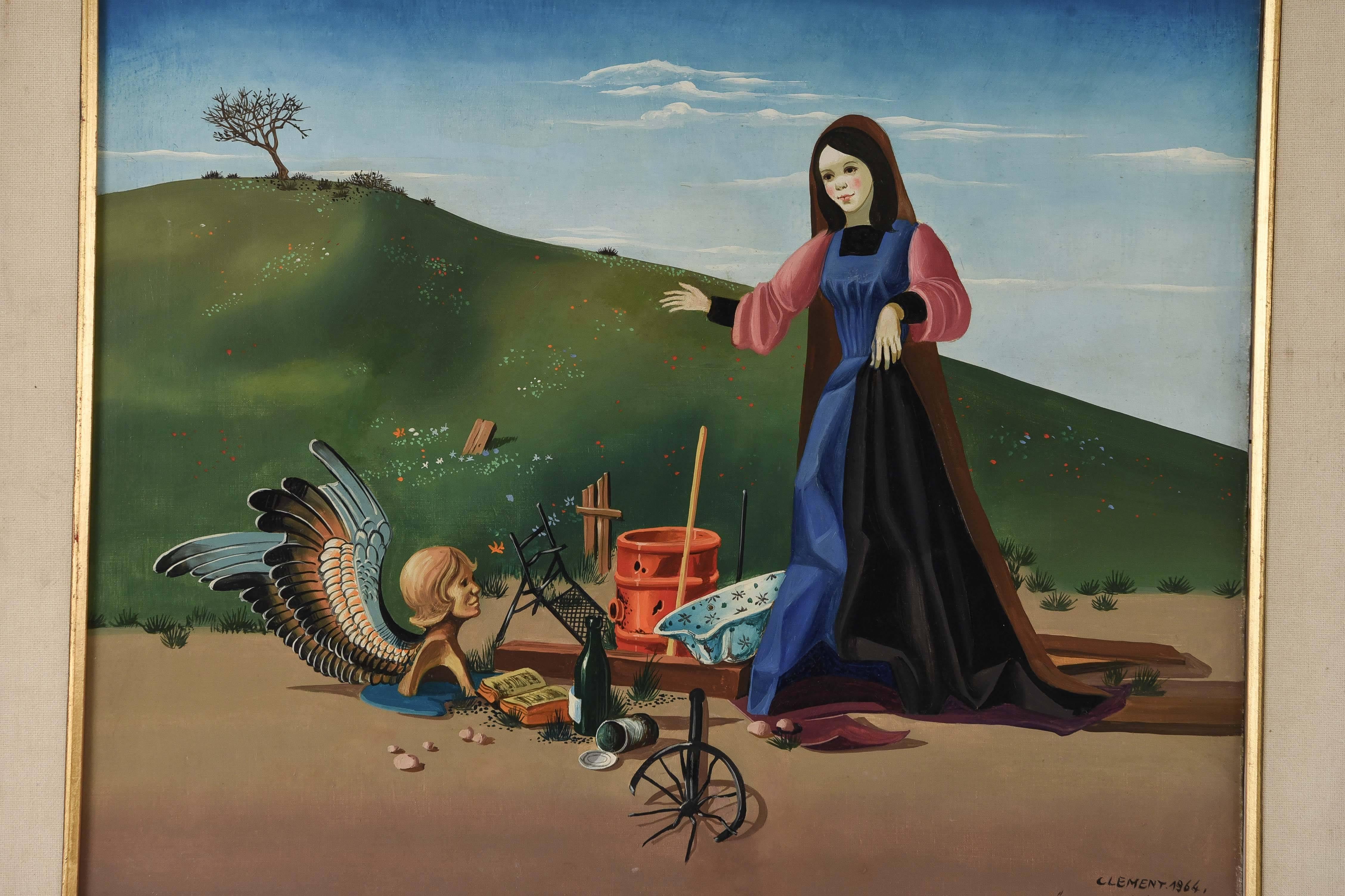 A surrealist scene by listed French artist Jean Pierre Clement depicting a cloaked female figure next to a pile of assorted items including a book, a bottle, and a winged angel's upper body.

Titled 
