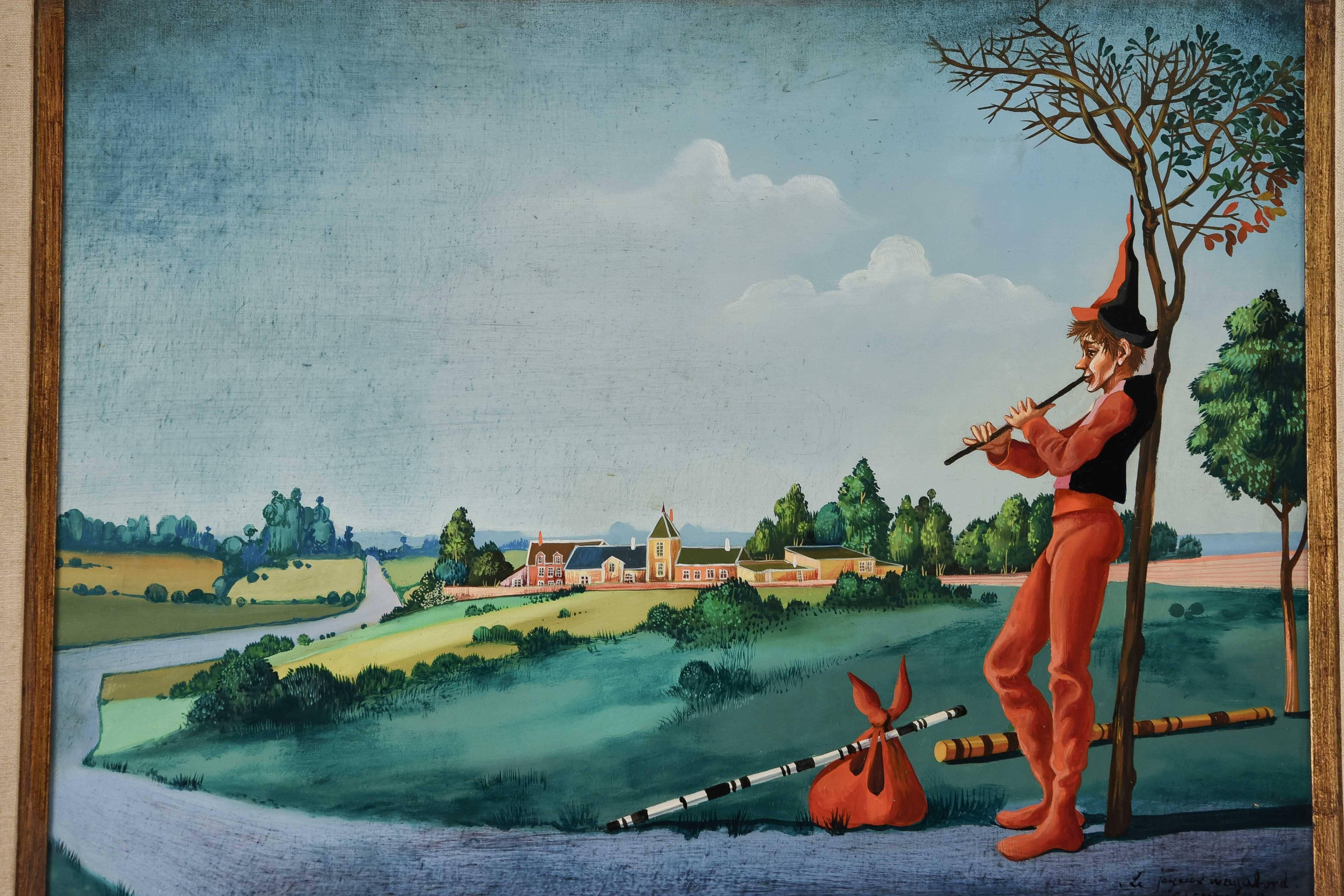A vibrant surrealist painting by listed French artist Jean Pierre Clement depicting a male figure in red, whimsical clothing playing the flute against a countryside landscape.

Titled 