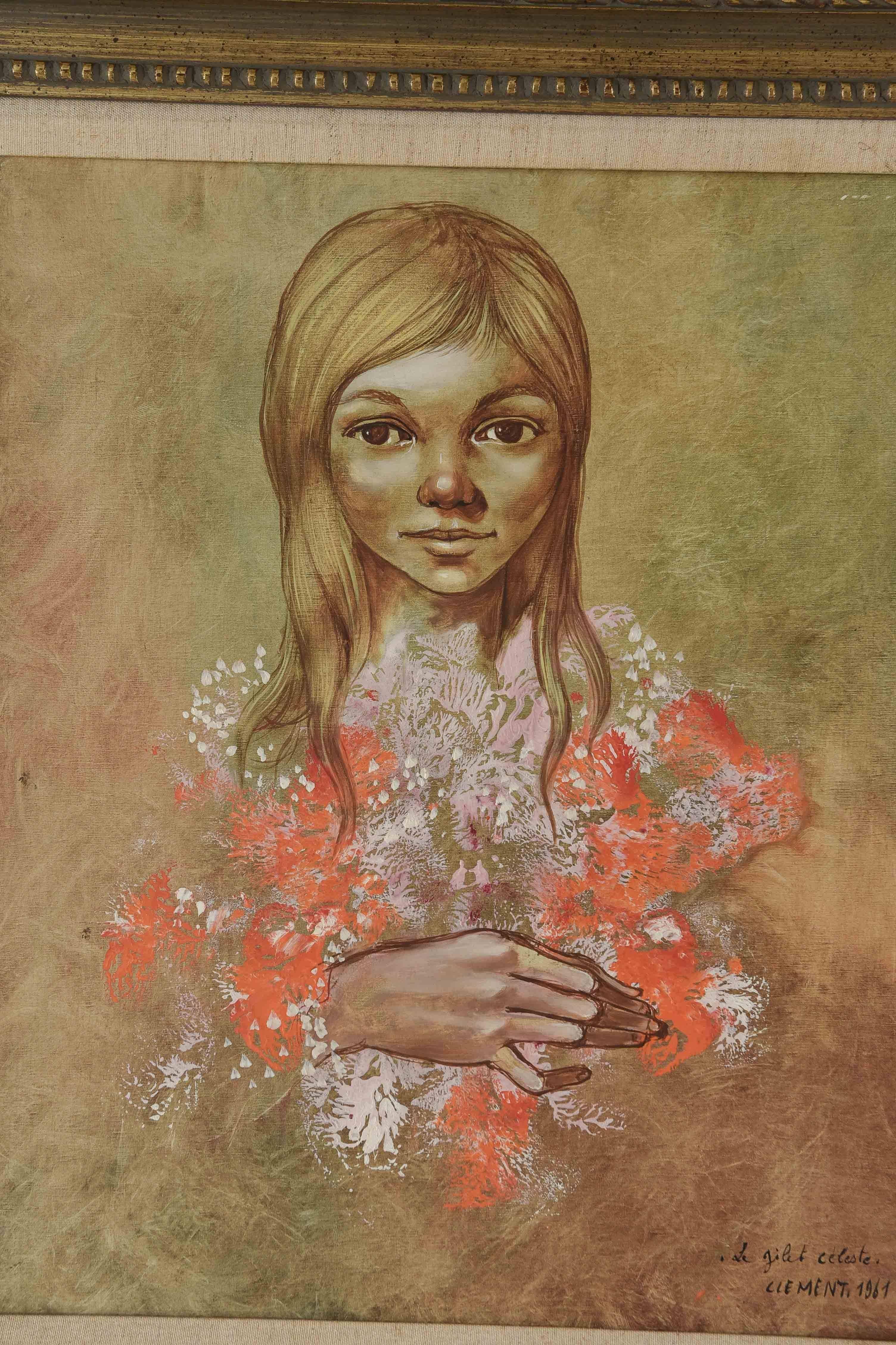 A painting by listed French artist Jean Pierre Clement depicting a female portrait in muted colors. Her shirt, composed of coral, light rose, and white splotches is quite a nice contrast against the otherwise neutral composition.

Titled 