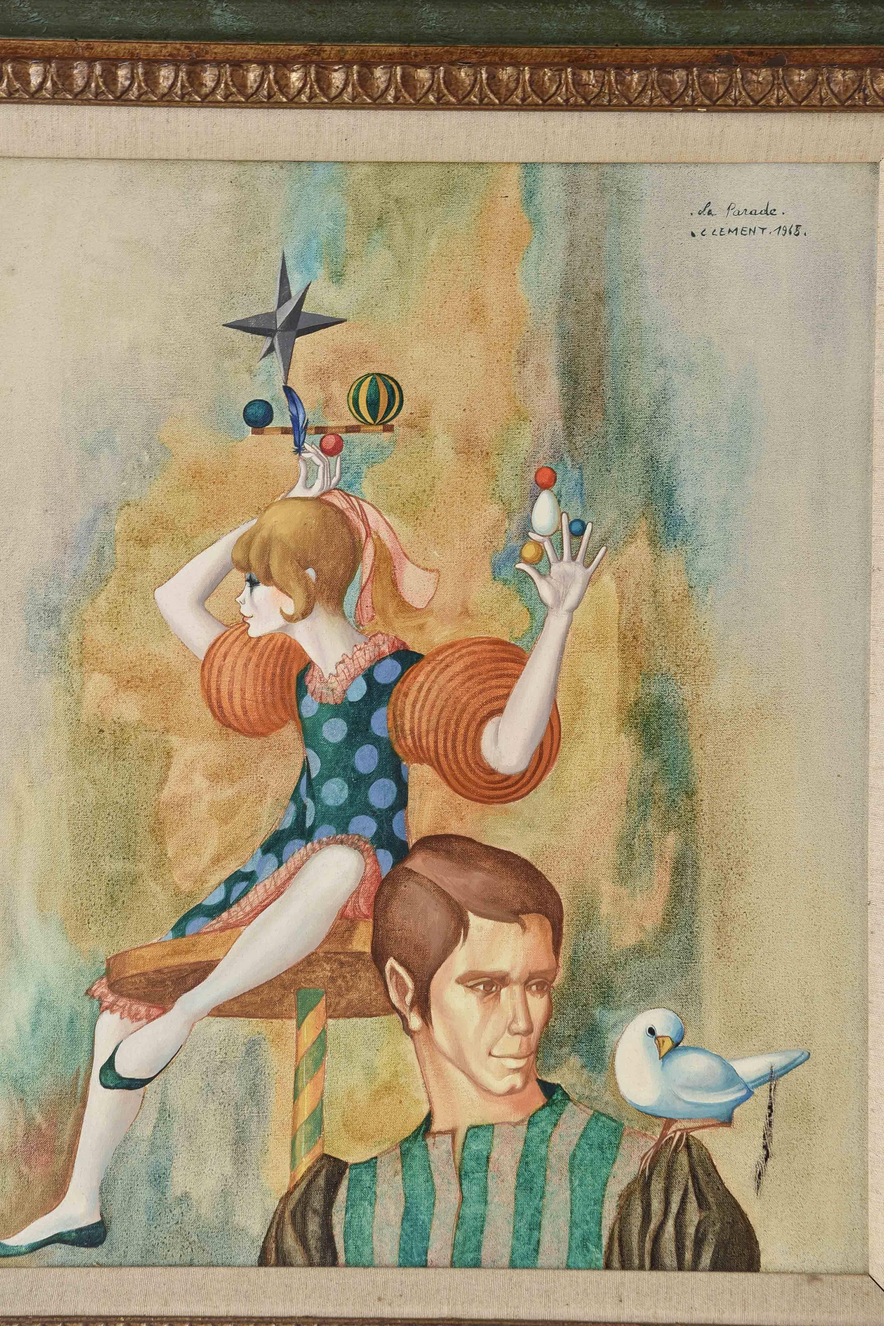 Une peinture surréaliste de l'artiste français classé Jean Pierre Clement représentant deux figures fantaisistes. Le personnage masculin de devant porte une chemise rayée et une colombe blanche est perchée sur son épaule. La jeune fille à l'arrière
