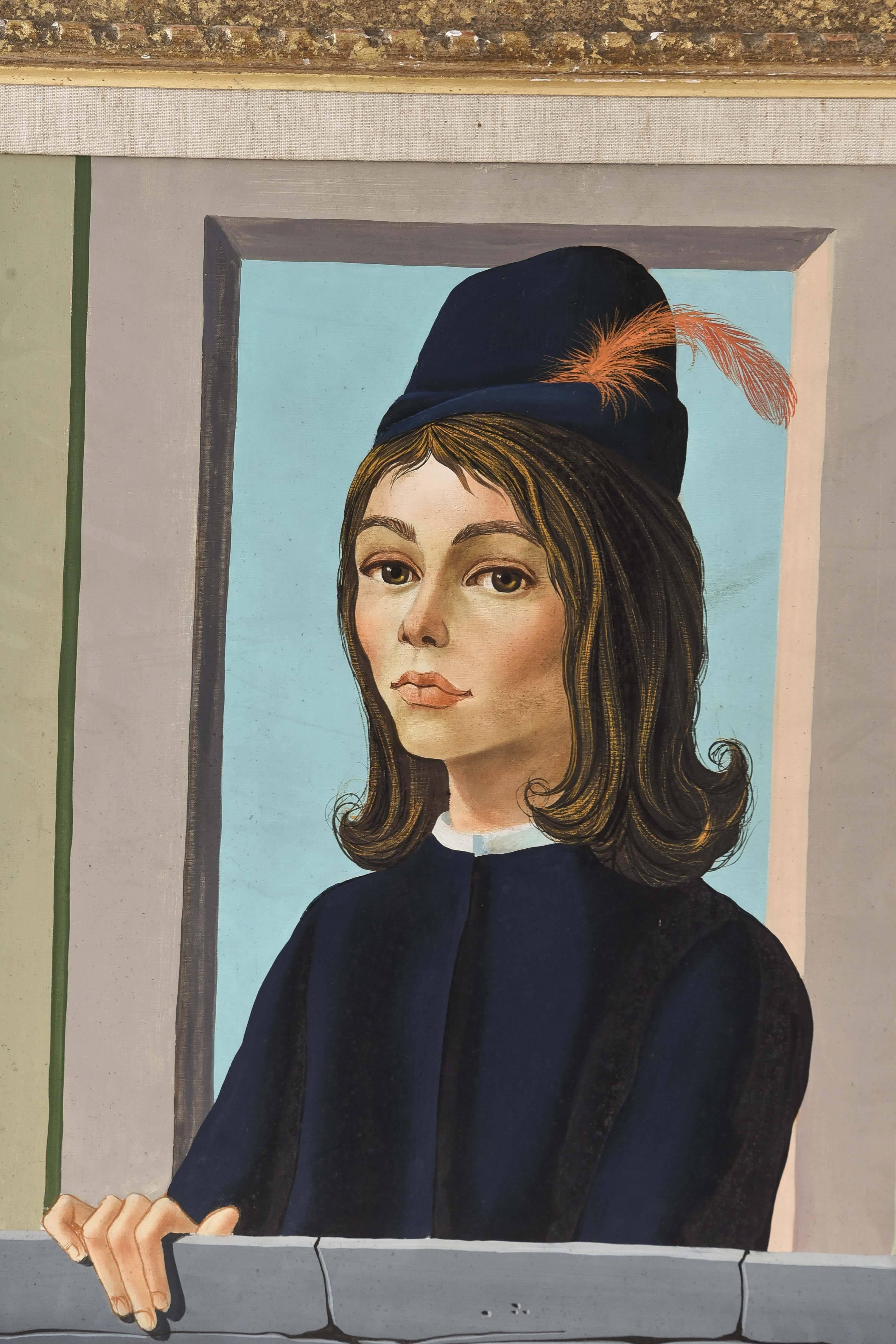 A surrealist portrait by listed French artist Jean Pierre Clement depicting a female figure framed by what appear to be walls surrounding a window. She wears a dark button down coat and a matching hat with a red feather, while her hand grips the