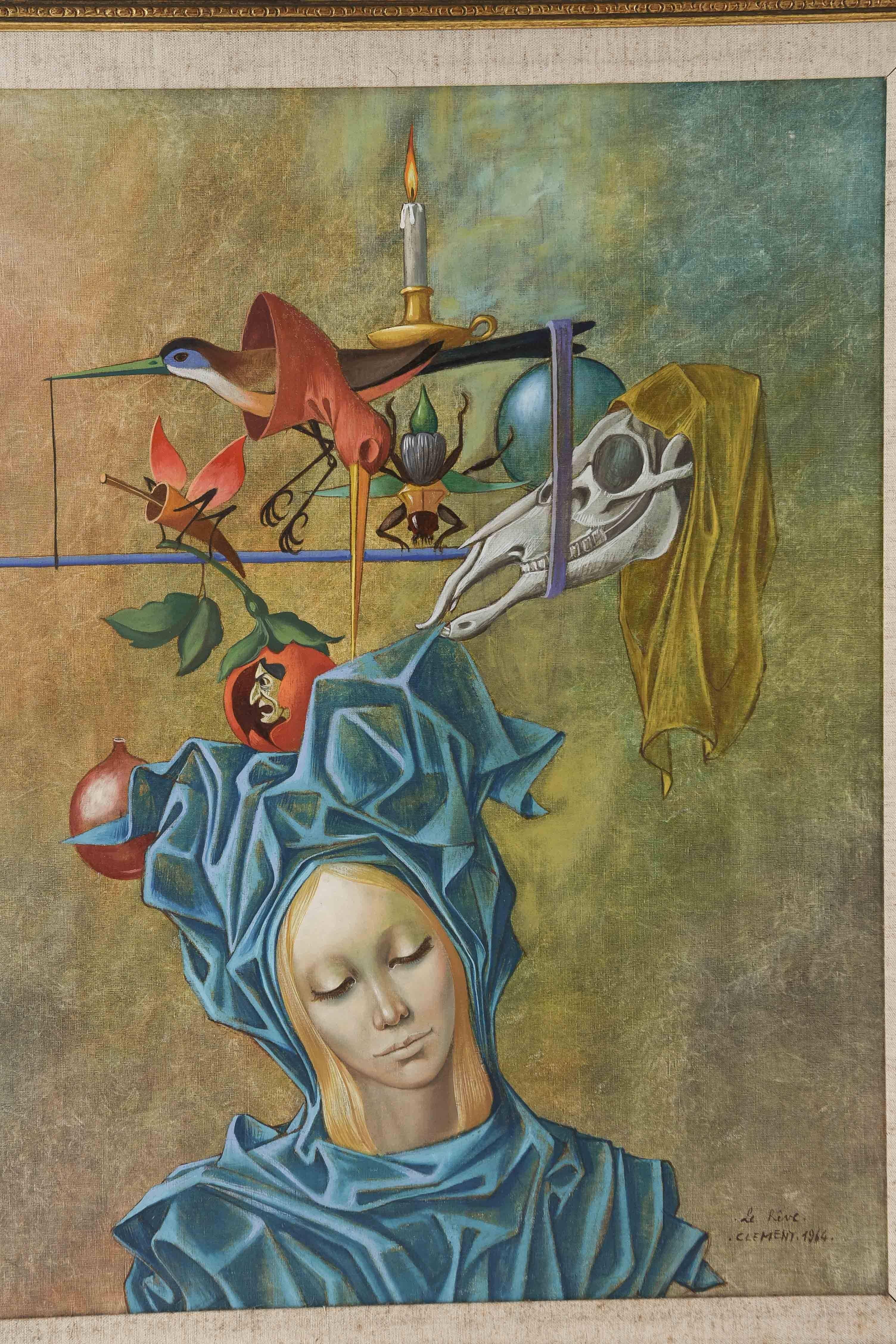 A surrealist painting by listed French artist Jean Pierre Clement depicting a portrait of a sleeping woman, covered by a geometric blue headdress and body cover. Above her hovers a covered skull, some insects, birds, a lit candle, an apple with a