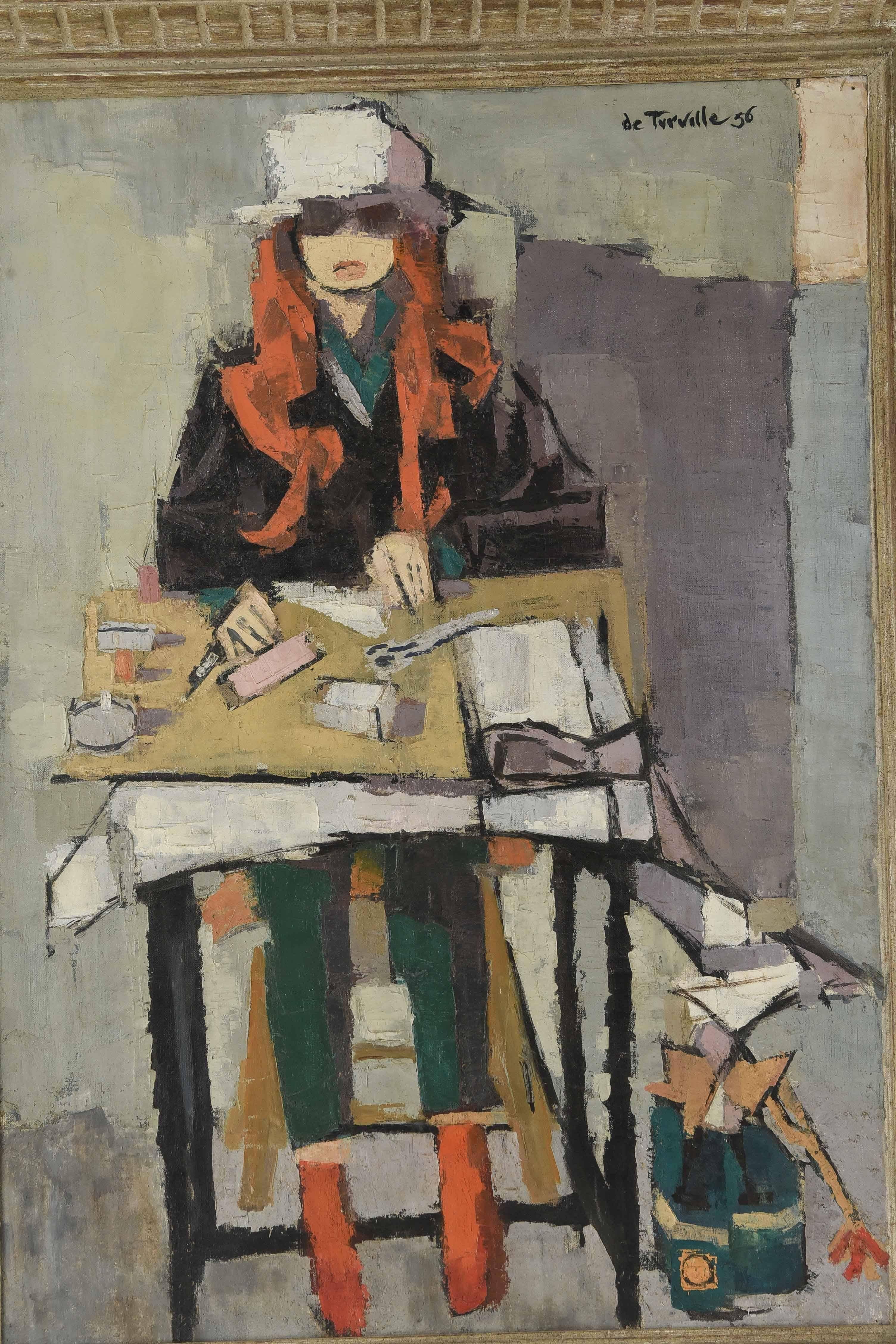 An oil on canvas painting by French artist Serge de Turville (1924-2005) depicting a female figure seated at a desk. Signed de Turville and signed '56 to upper right corner.