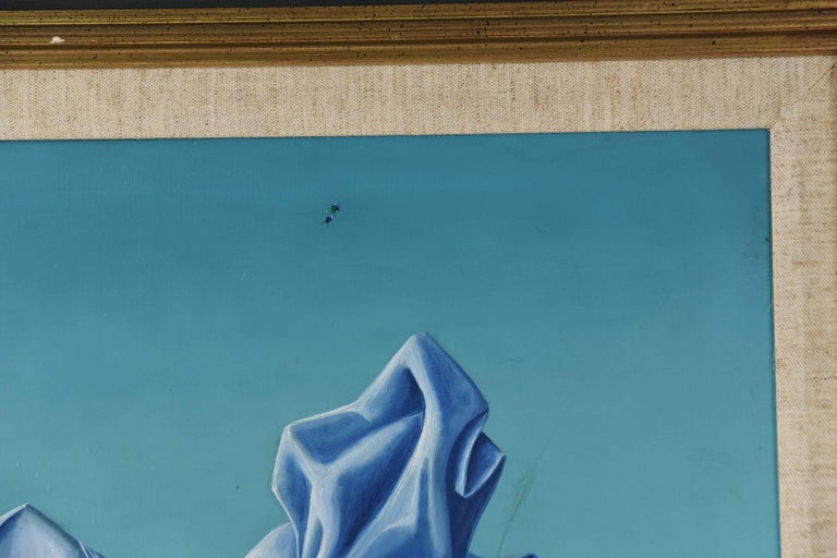 This surrealist work by listed French artist Jean Pierre Clement depicts a female portrait of a woman with a geometric blue headdress and one exposed breast. In the back, a man appears to be playing the bagpipes.

Titled 
