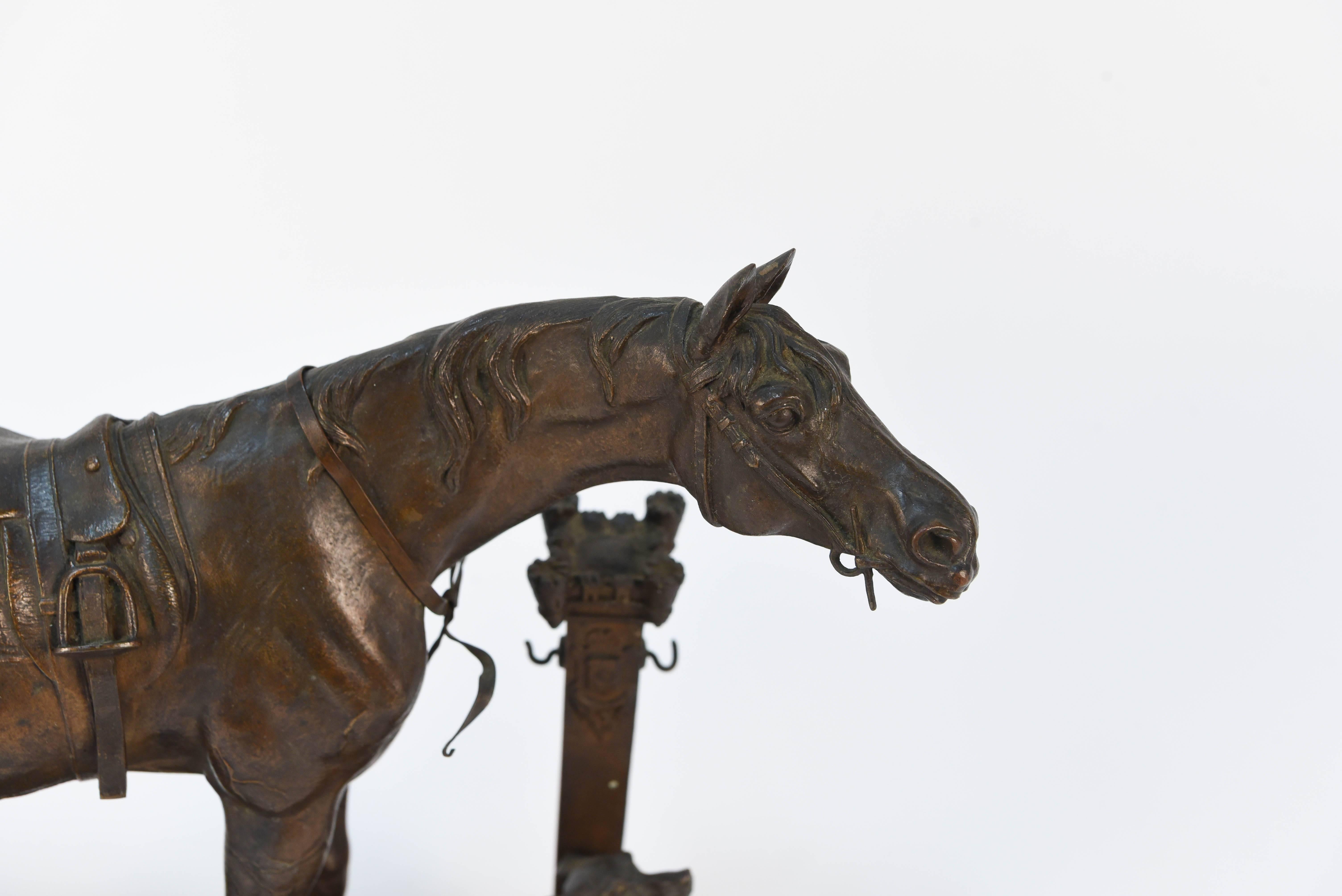 An untitled bronze sculpture depicting a horse and greyhound. Beautiful bronze work, standing on realistic base, signed on the back of the base: J. Moigniez (French 1835-1894). This piece would be wonderful adorning a mantel or table.