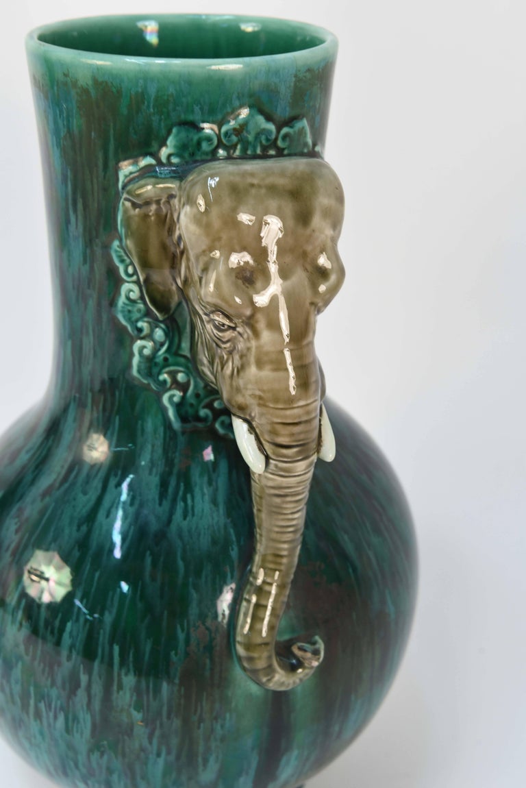 Majolica Ceramic Elephant Handled Vase For Sale at 1stDibs