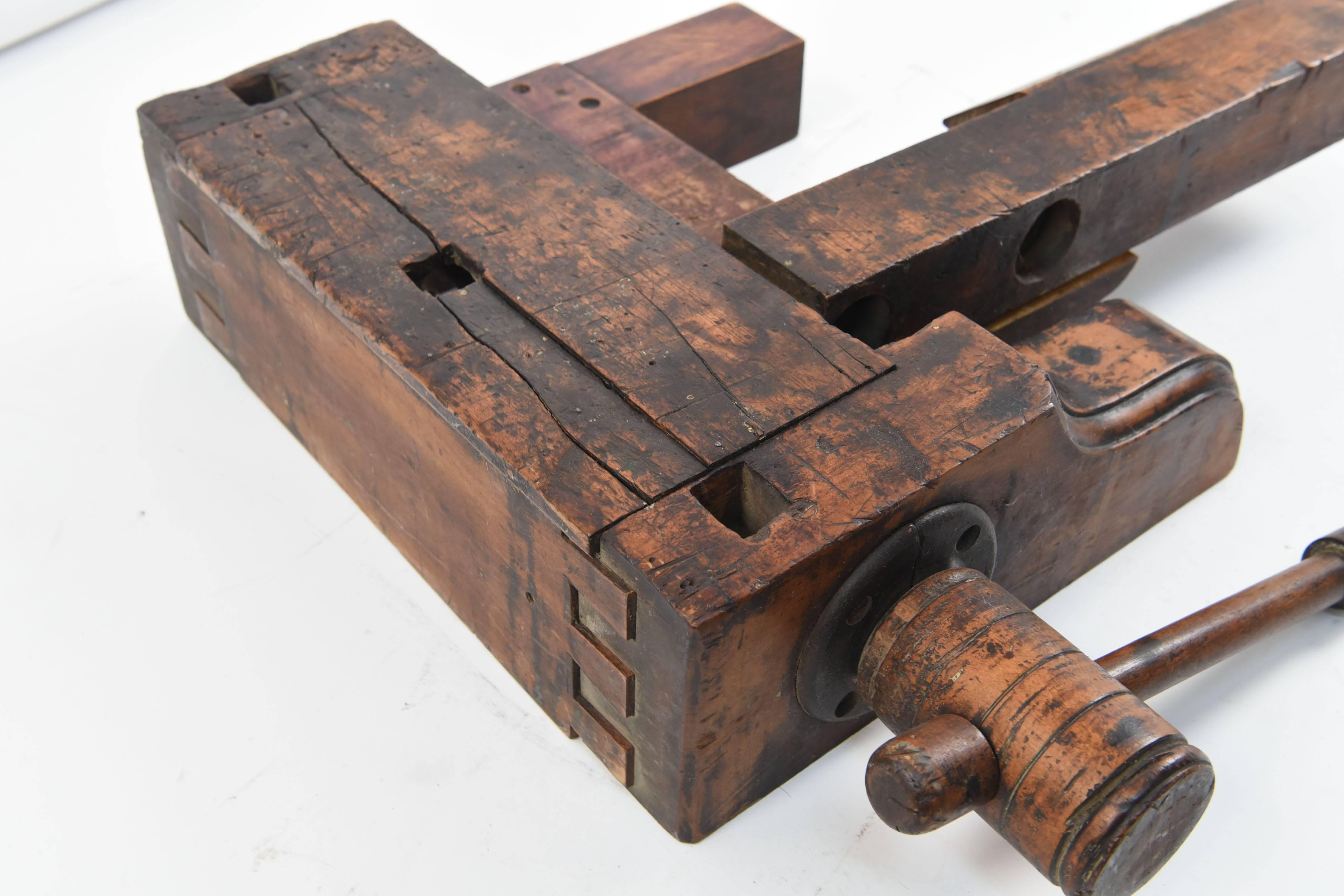 Early 20th Century Antique Wooden Workbench Vise or Wall Sculpture