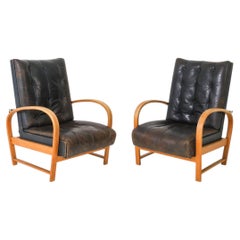 Pair of Thonet Beech & Leather Easy Chairs C. 1930's