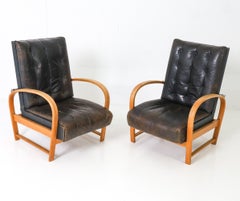 Pair of Thonet Beech & Leather Easy Chairs C. 1930's
