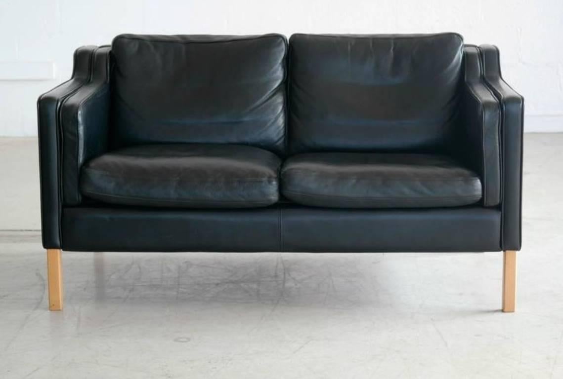 Mid-20th Century Børge Mogensen Model 2212 Style Two-Seat Sofa in Black Leather by Stouby