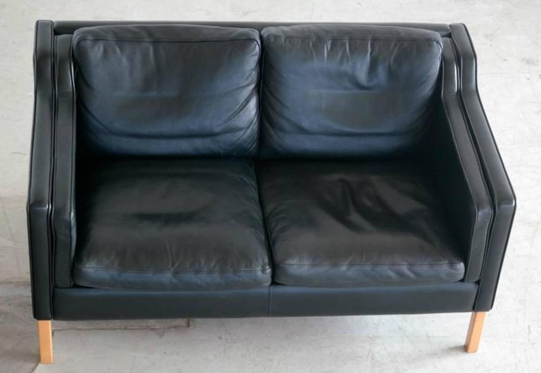 Mid-Century Modern Børge Mogensen Model 2212 Style Two-Seat Sofa in Black Leather by Stouby