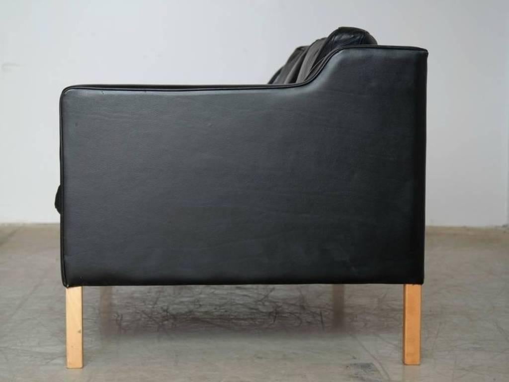 Danish Børge Mogensen Model 2212 Style Two-Seat Sofa in Black Leather by Stouby