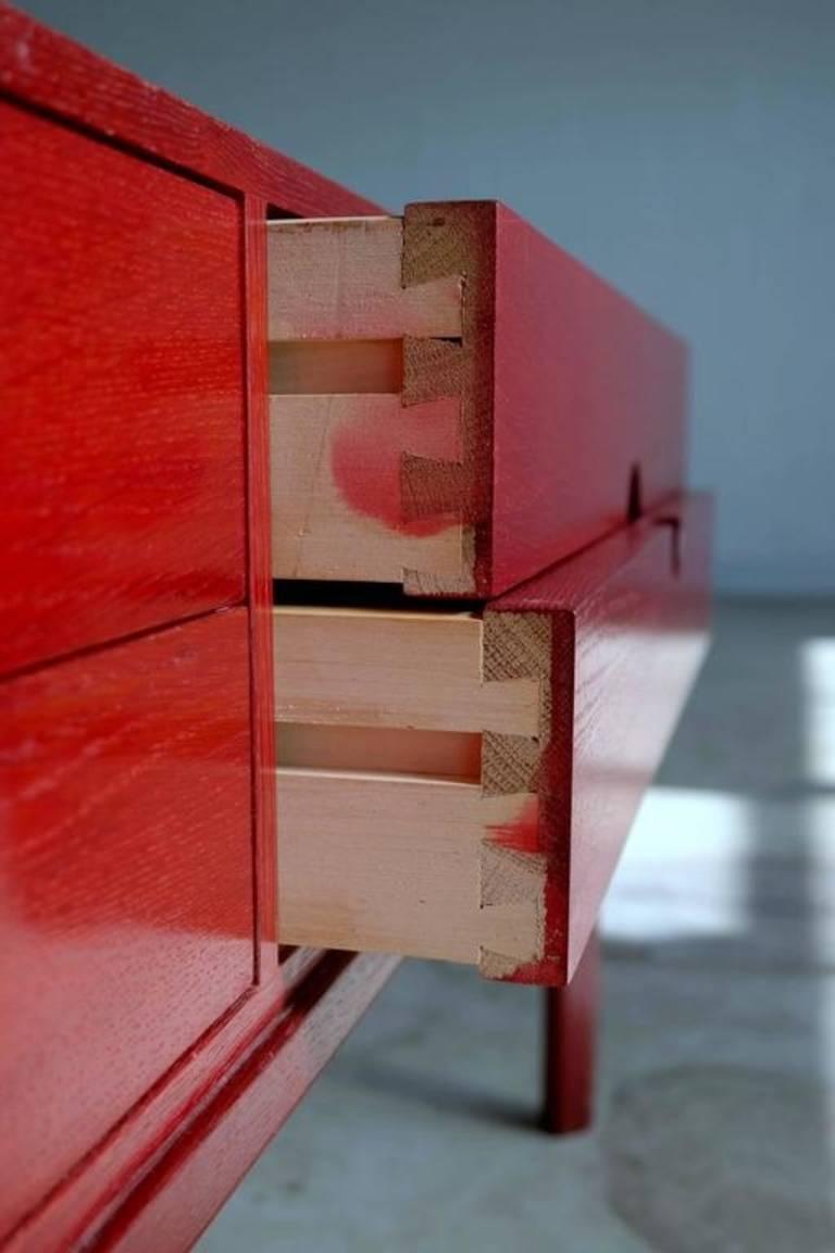 Teak Red Stained Oak Low Sideboard or Console by Kai Kristiansen for Aksel Kjersgaard