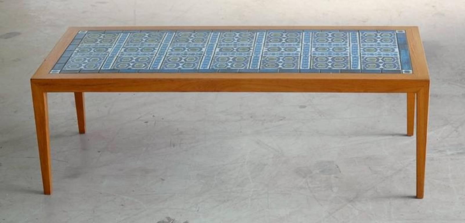 Hand-Painted Teak Coffee Table, Severin Hansen Jr. for Haslev with Tiles by Royal Copenhagen