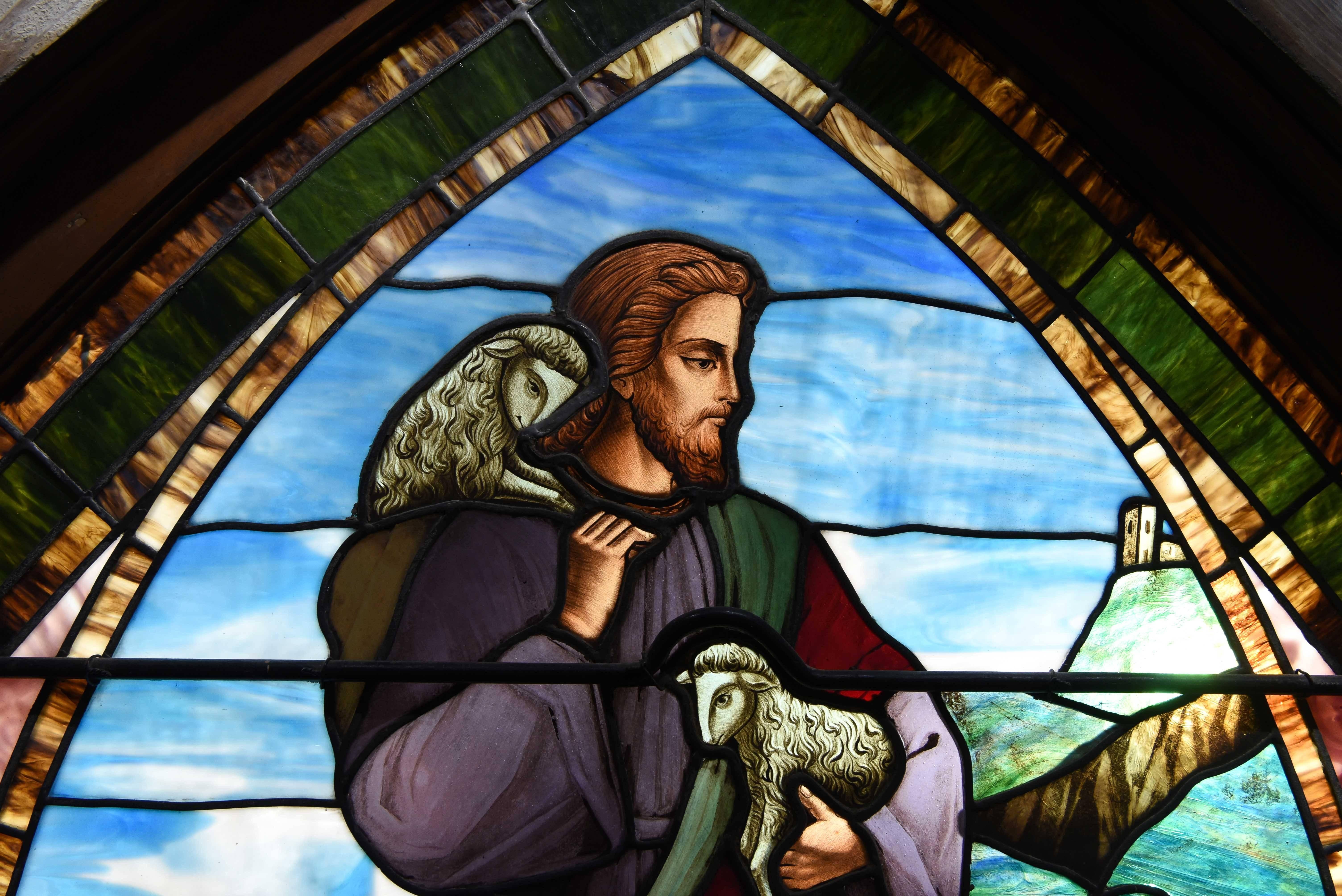 From a Maryland church. Depicts Jesus with lambs as the Good Shepherd.
Glass reads In Loving Memory of John Evans Cacy, March 1, 1860, Anna Maria Osborne his wife July 25, 1880.
Anna Maria Osborne: Born: 11 Dec 1814 MD; Died: 25 Jul 1880 ; Buried: