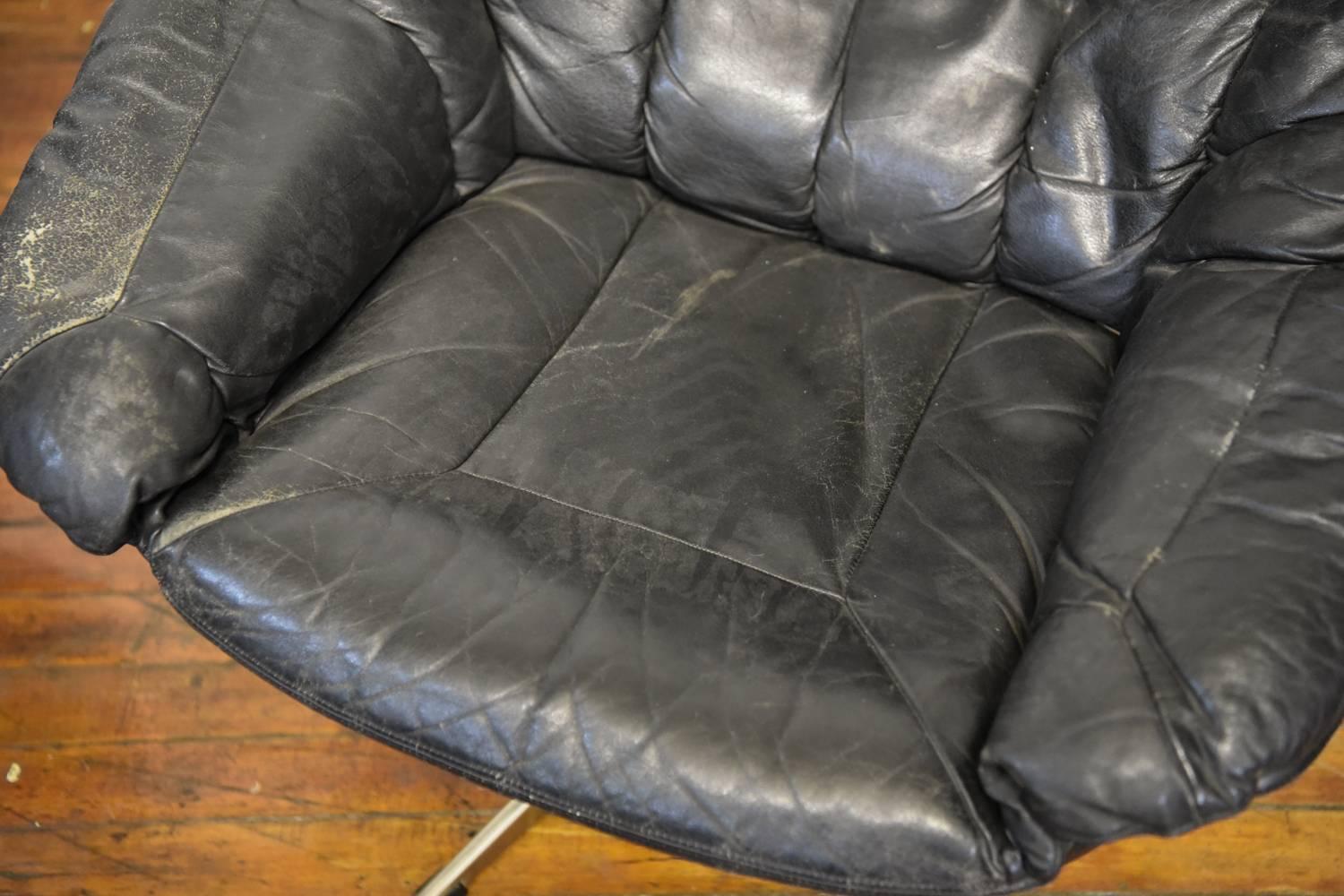 Danish Pair of Black Leather Lounge Chairs with Ottoman by H.W. Klein for Bramin Mobler