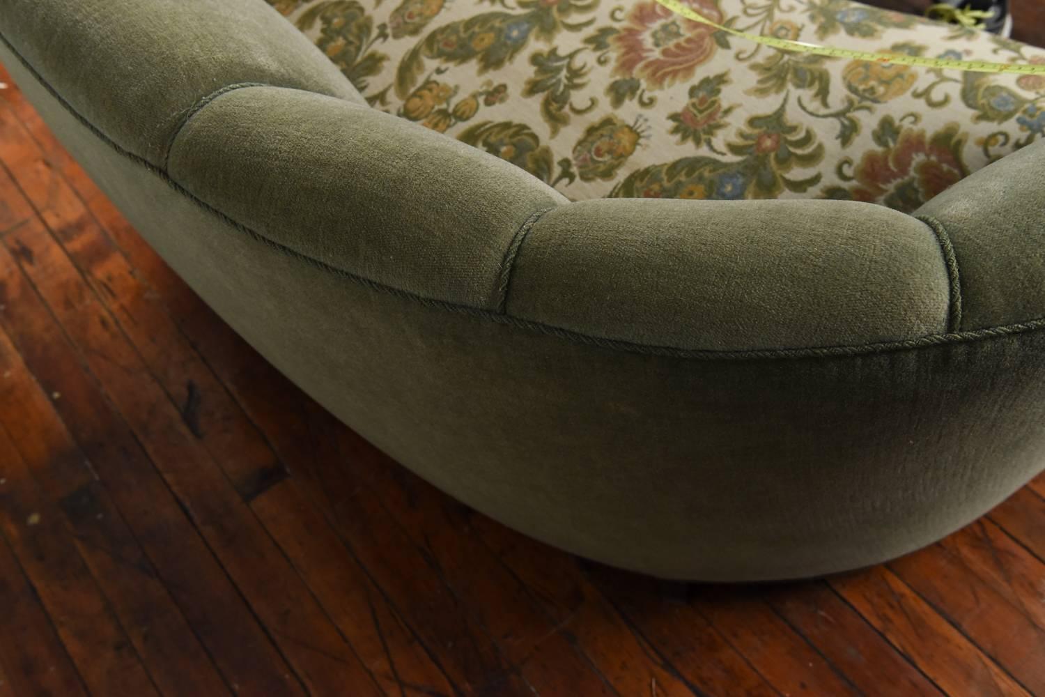 Beautiful 1940s banana form in light green mohair wool fabric with contrasting seat. The cushions are firm and the sofa sturdy. Fabric in very good condition showing very minor signs of wear. Frame and block feet made of solid beechwood. Great