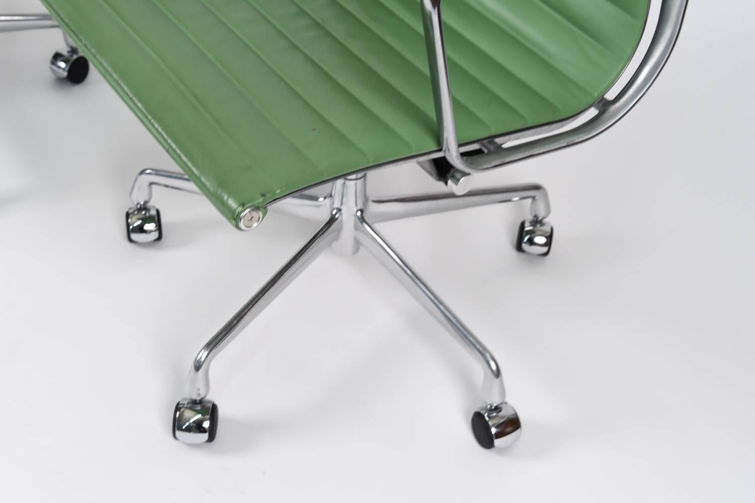 Pair of Eames for Herman Miller Aluminum Group Chairs in Apple Green Leather 2