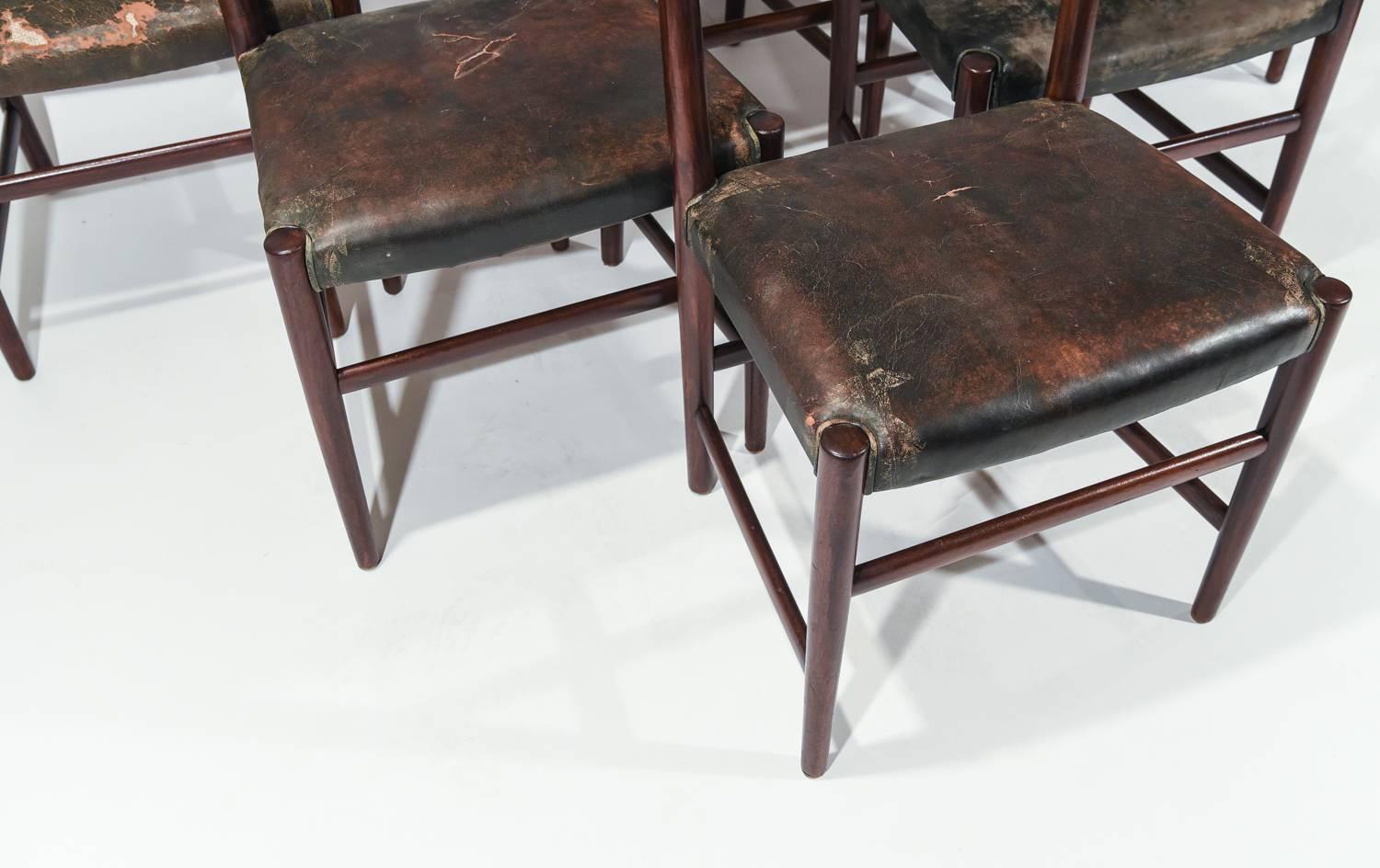 Mid-Century Modern Rare Set of Six Hans J. Wegner Model B102 Mahogany & Black Leather Dining Chairs