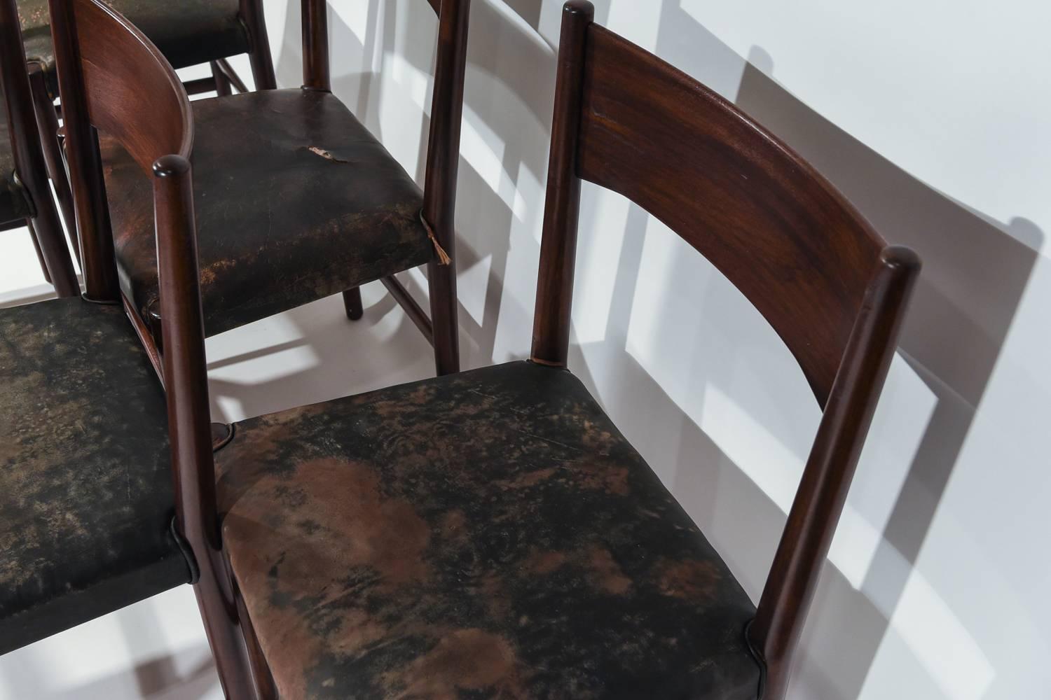 Danish Rare Set of Six Hans J. Wegner Model B102 Mahogany & Black Leather Dining Chairs