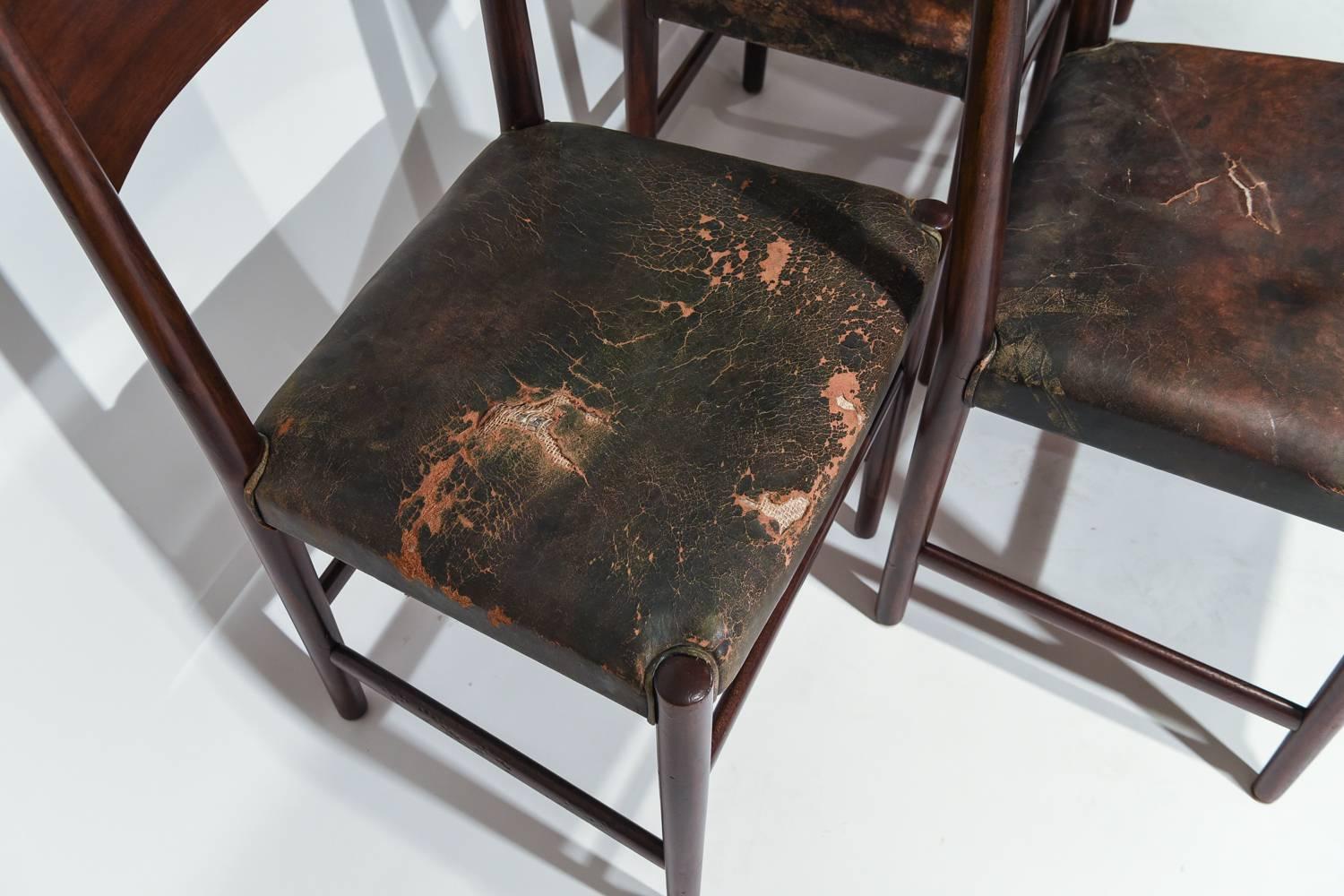 20th Century Rare Set of Six Hans J. Wegner Model B102 Mahogany & Black Leather Dining Chairs