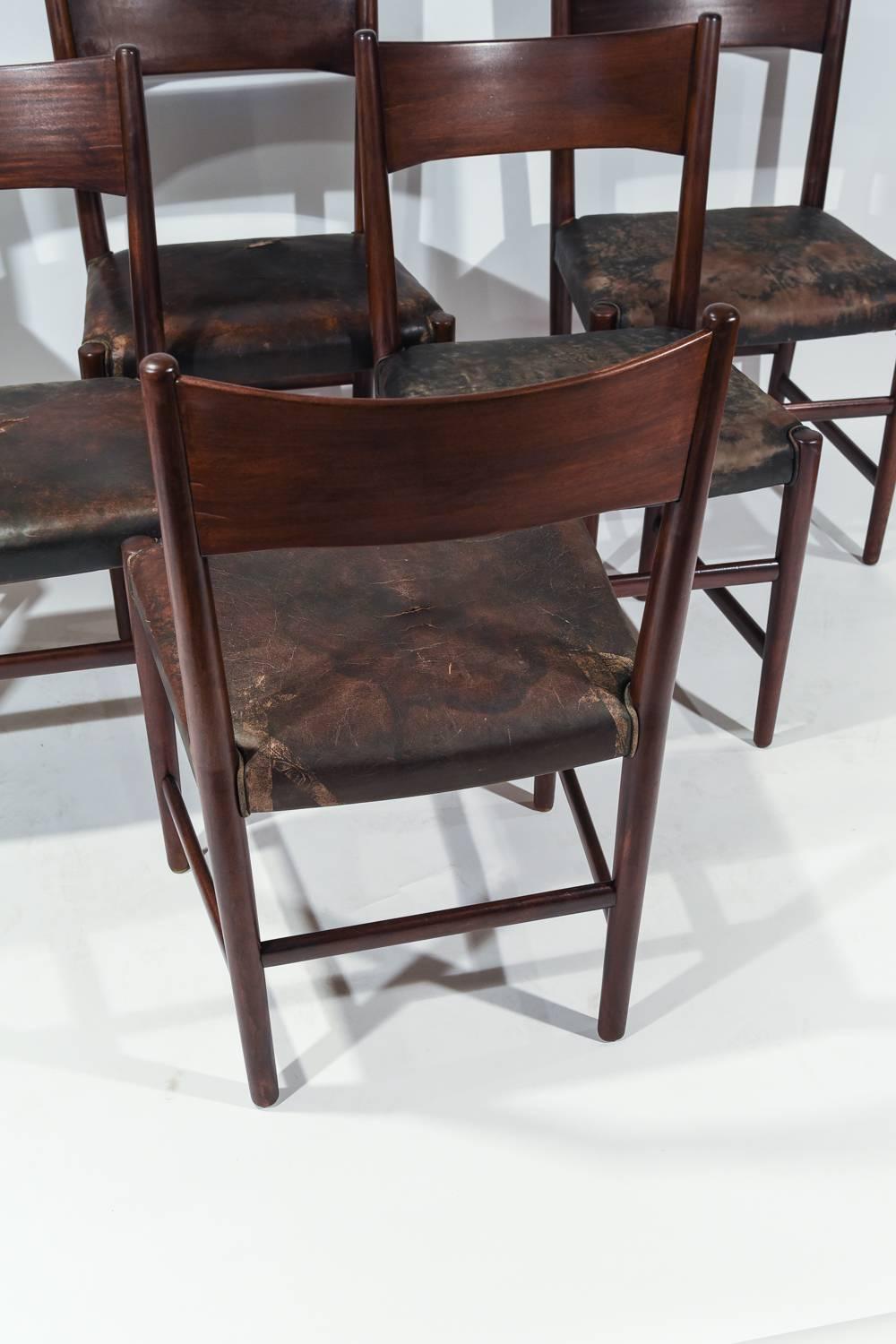 Rare Set of Six Hans J. Wegner Model B102 Mahogany & Black Leather Dining Chairs 1