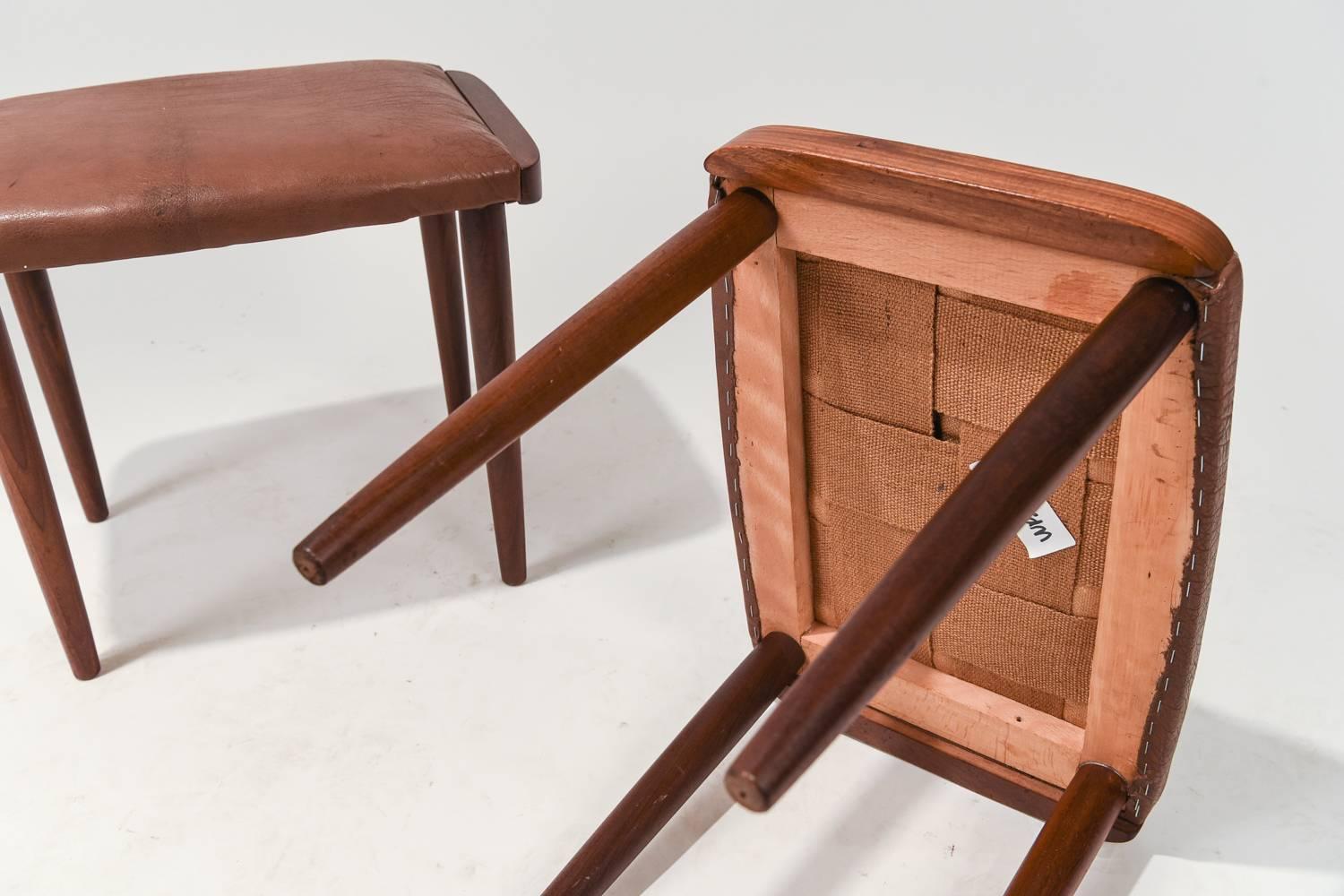 Pair of Danish Mid-Century Teak and Leather Stools 1