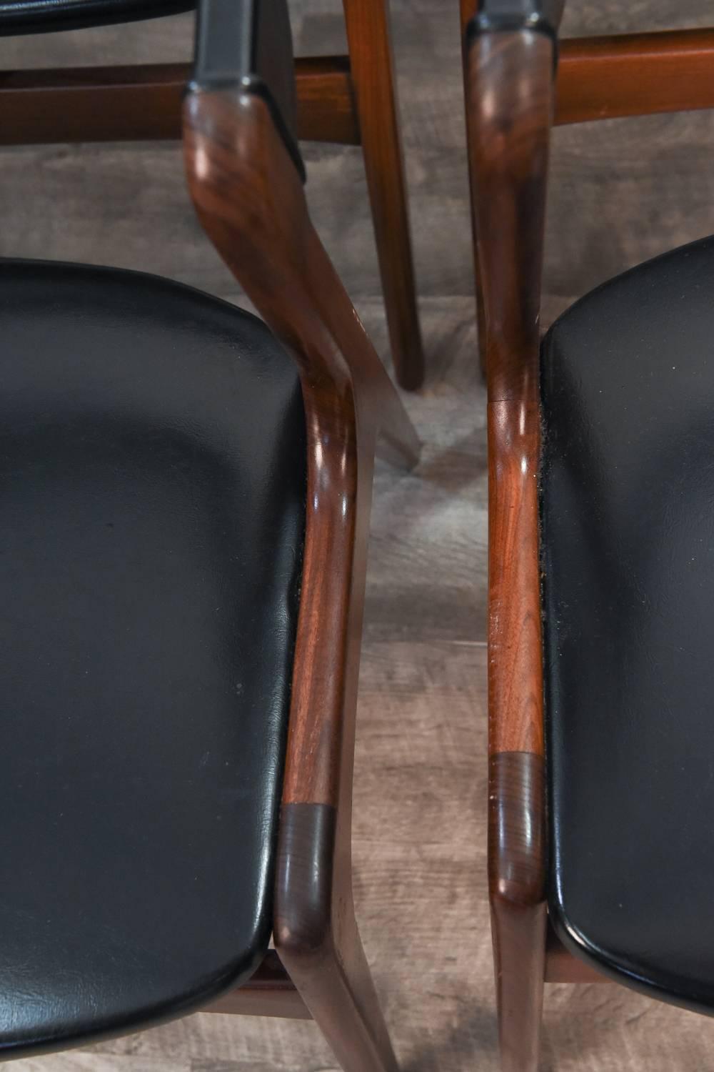 Set of Six Danish Midcentury Teak and Black Skai Seat Side Chairs by Omann Jr. 2