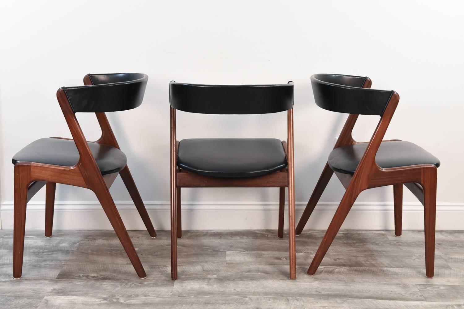 Set of Six Danish Midcentury Teak and Black Skai Seat Side Chairs by Omann Jr. 3