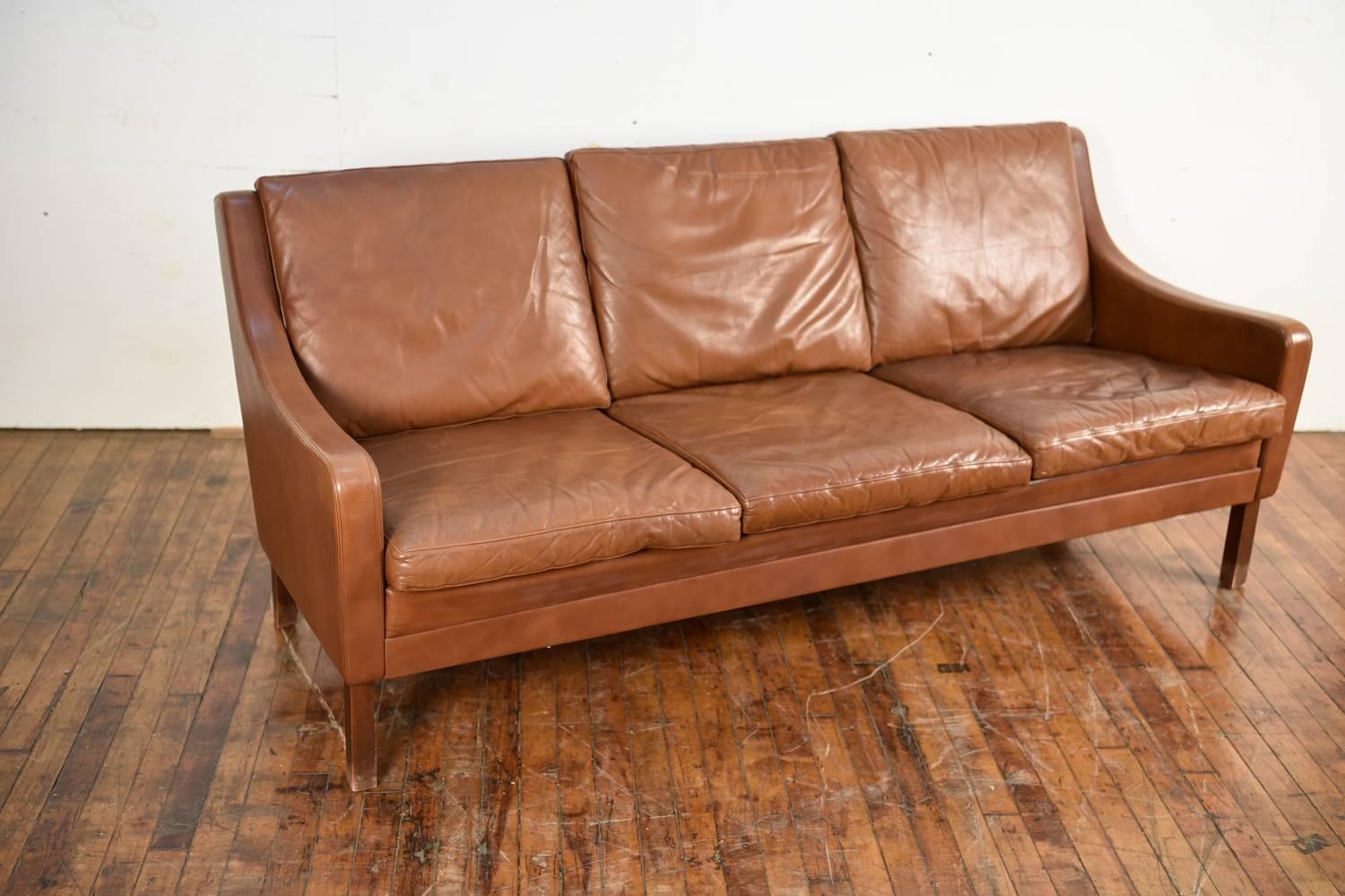 Mid-Century Modern Danish Midcentury Børge Mogensen Style Leather Three-Seat Sofa