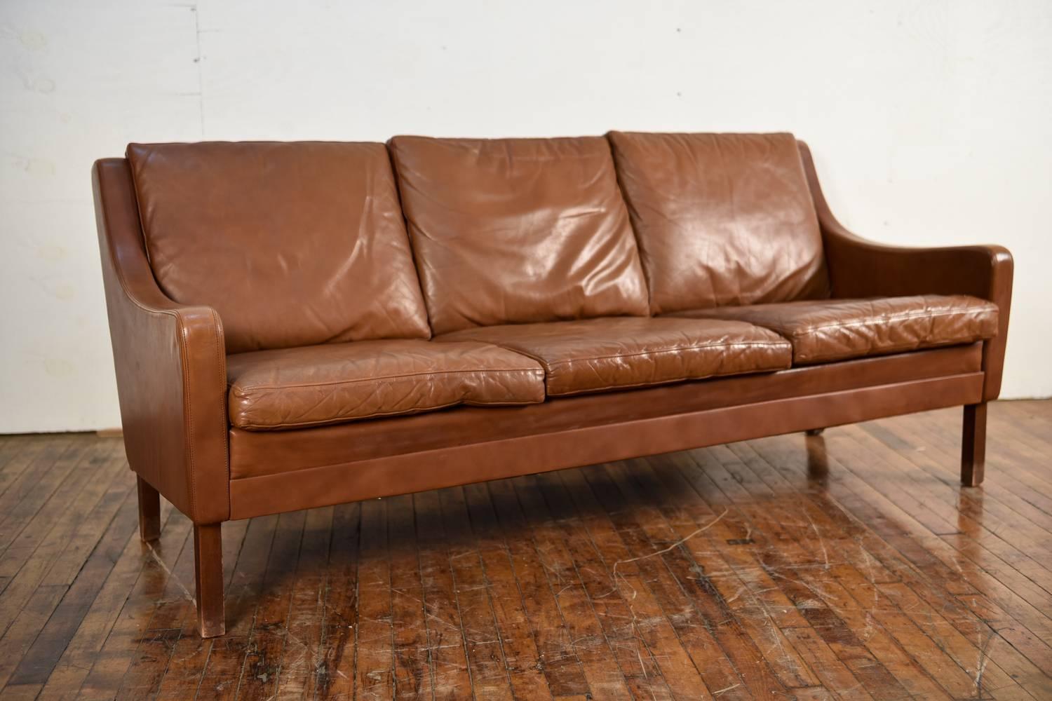 Danish Midcentury Børge Mogensen Style Leather Three-Seat Sofa In Excellent Condition In Norwalk, CT