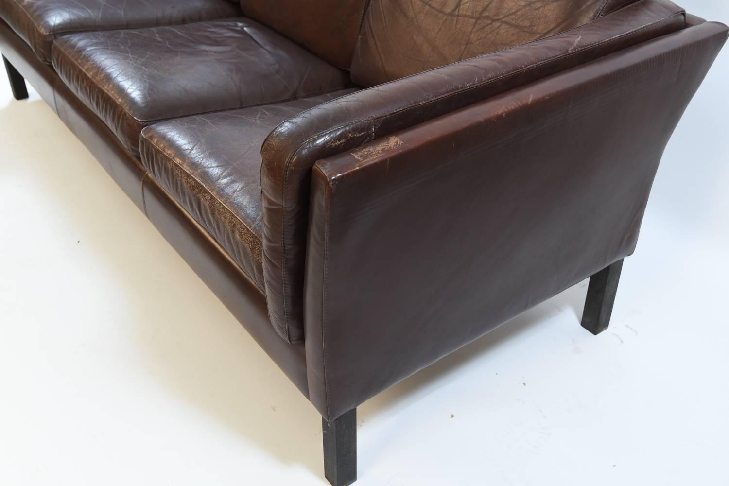Danish Midcentury Three-Seat Sofa in Chocolate Brown Leather 1