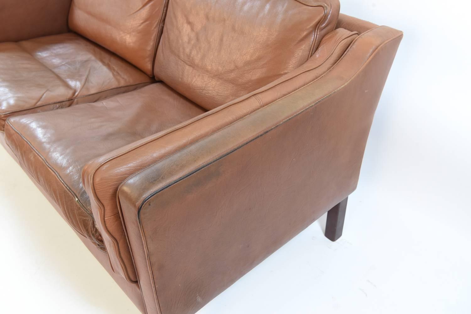 20th Century Danish Midcentury Børge Mogensen Style Leather Two-Seat Sofa or Loveseat